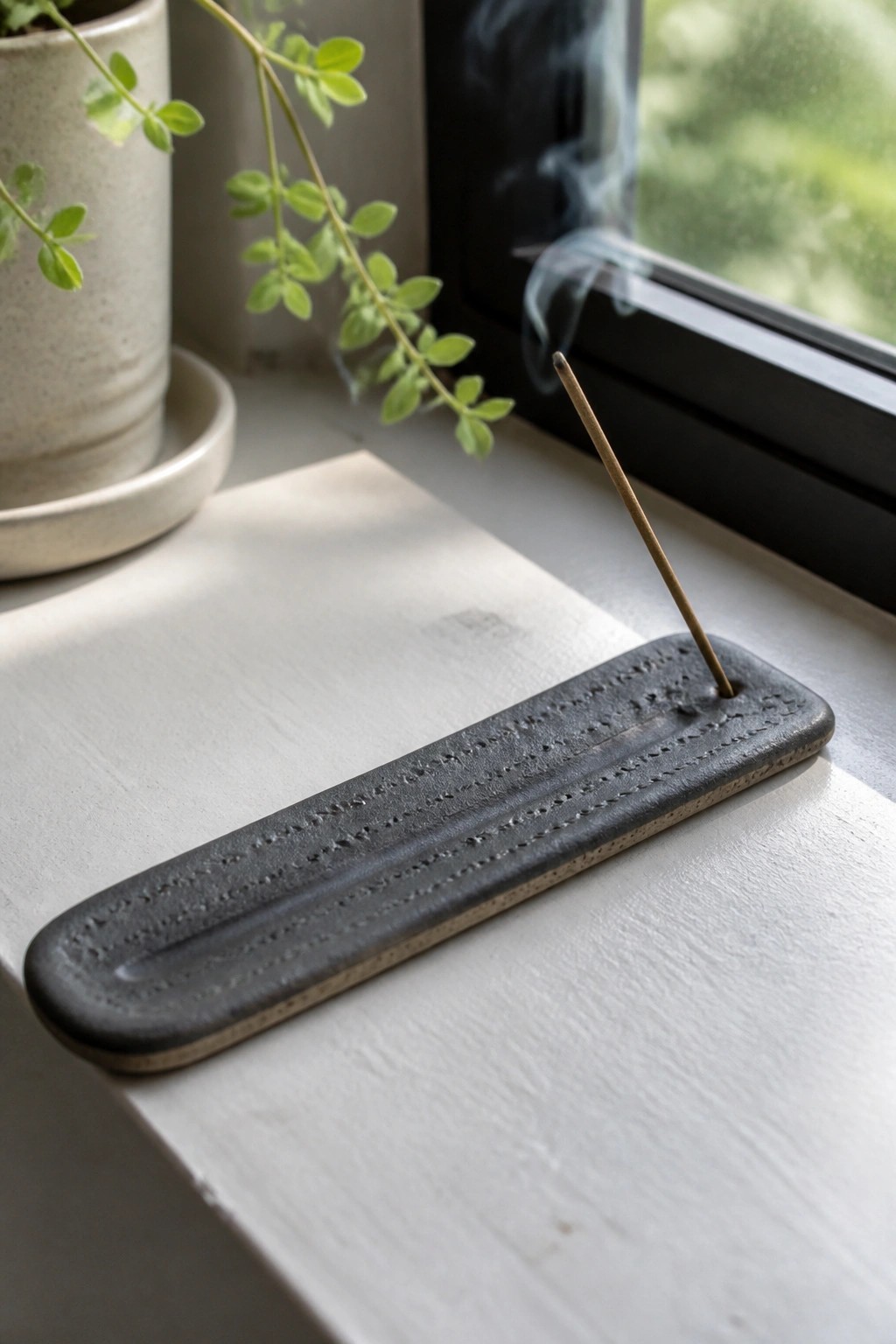 Black ceramic incense holder with lit stick on white windowsill beside potted plant.