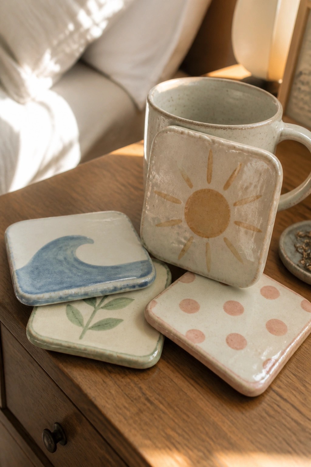 Ceramic coasters with sun, wave, leaf, and dot patterns beside a mug on wood