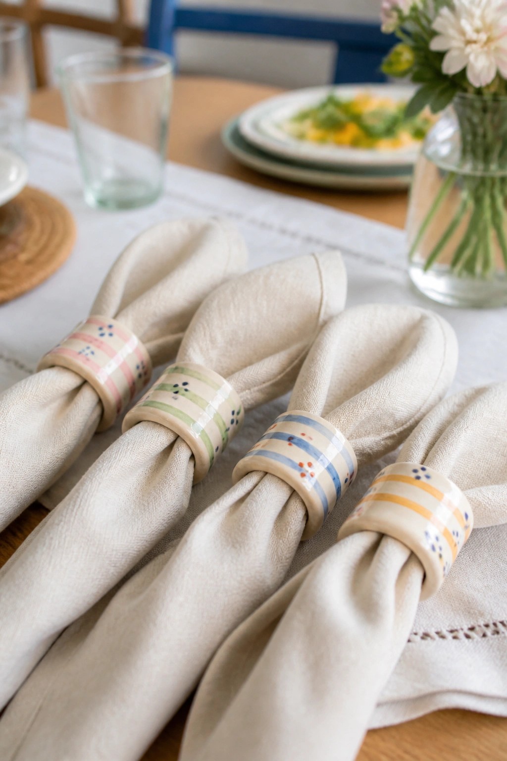 Beige napkins rolled in colorful striped ceramic rings on a wooden table.