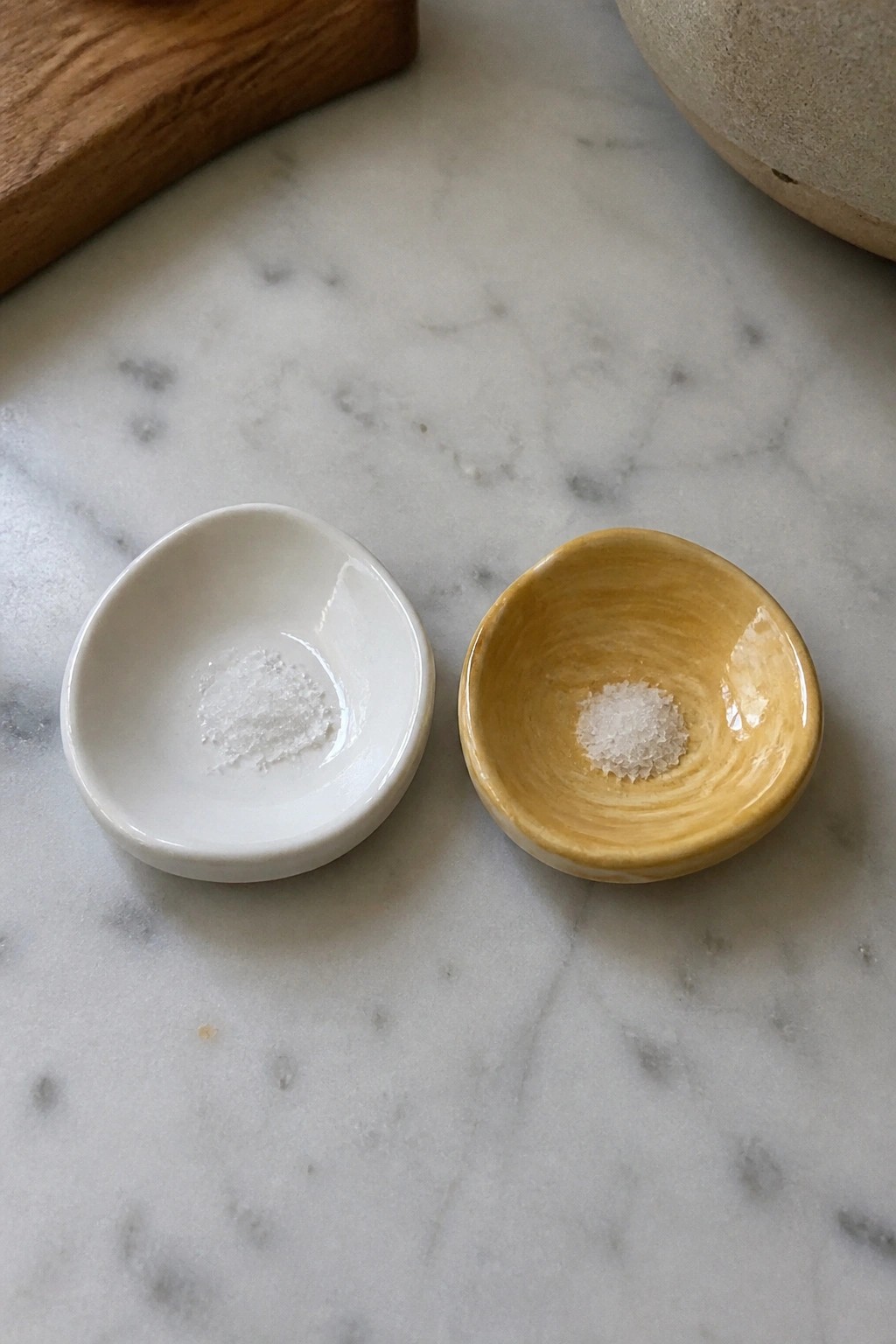 Two small white and yellow bowls with salt on marble surface.