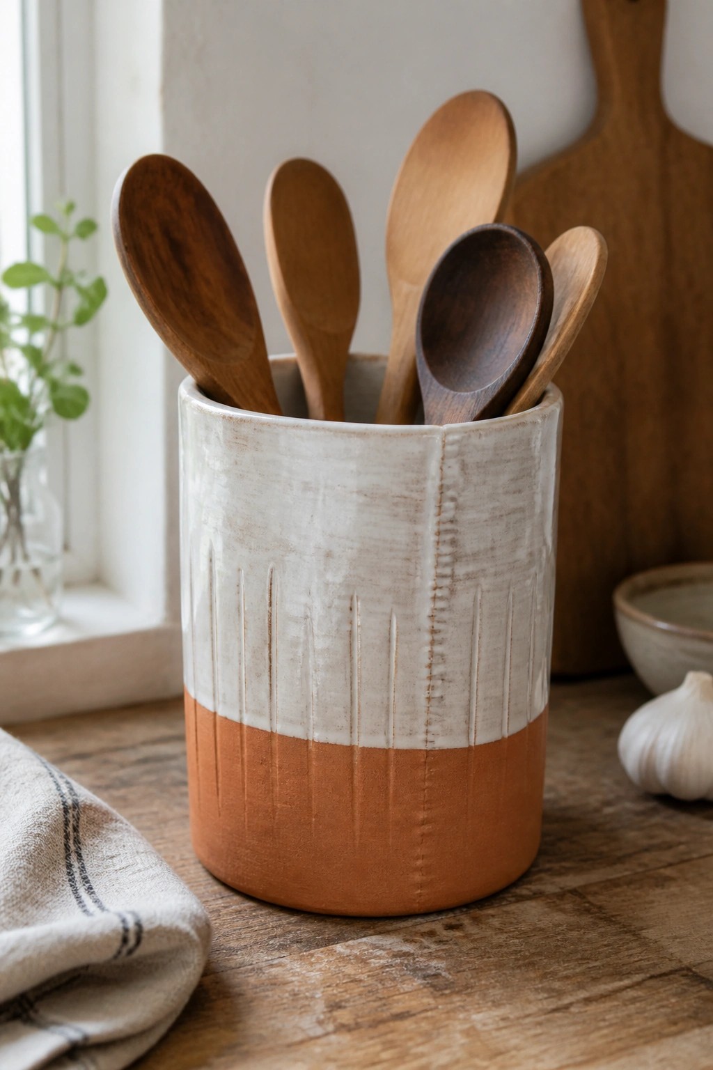 Two-toned ceramic jar with vertical lines holding wooden spoons on table