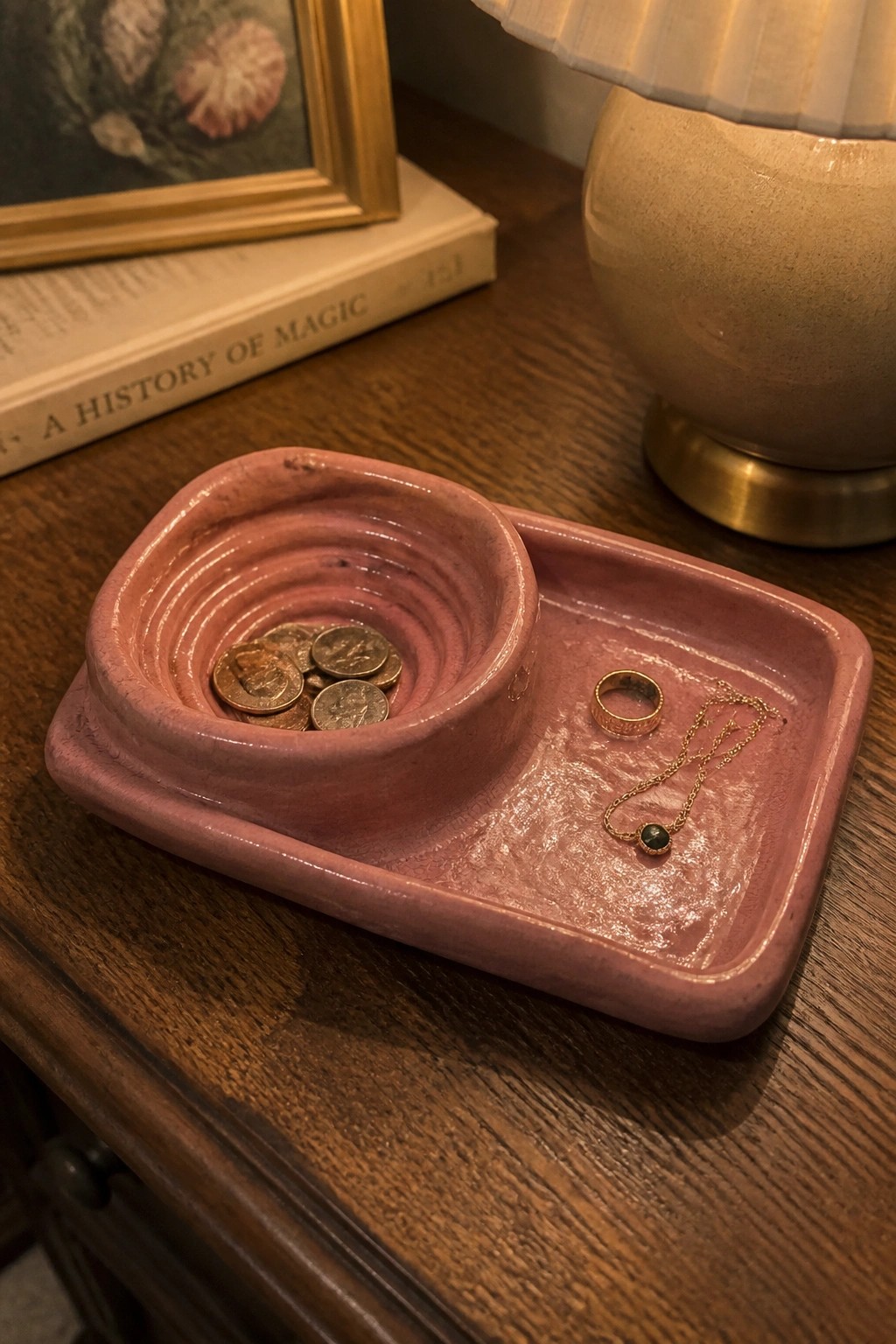 Pink ceramic tray holding coins, gold ring, and necklace on wooden table