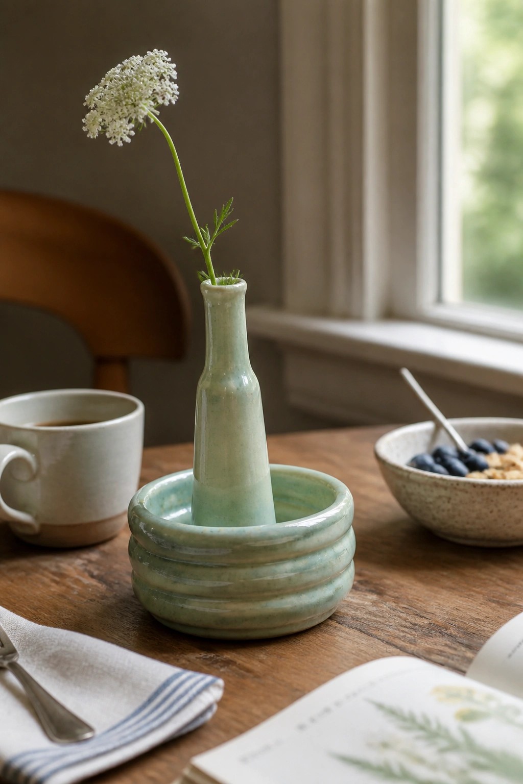 Pale green ceramic vase with white flower on wooden table beside mug and berries