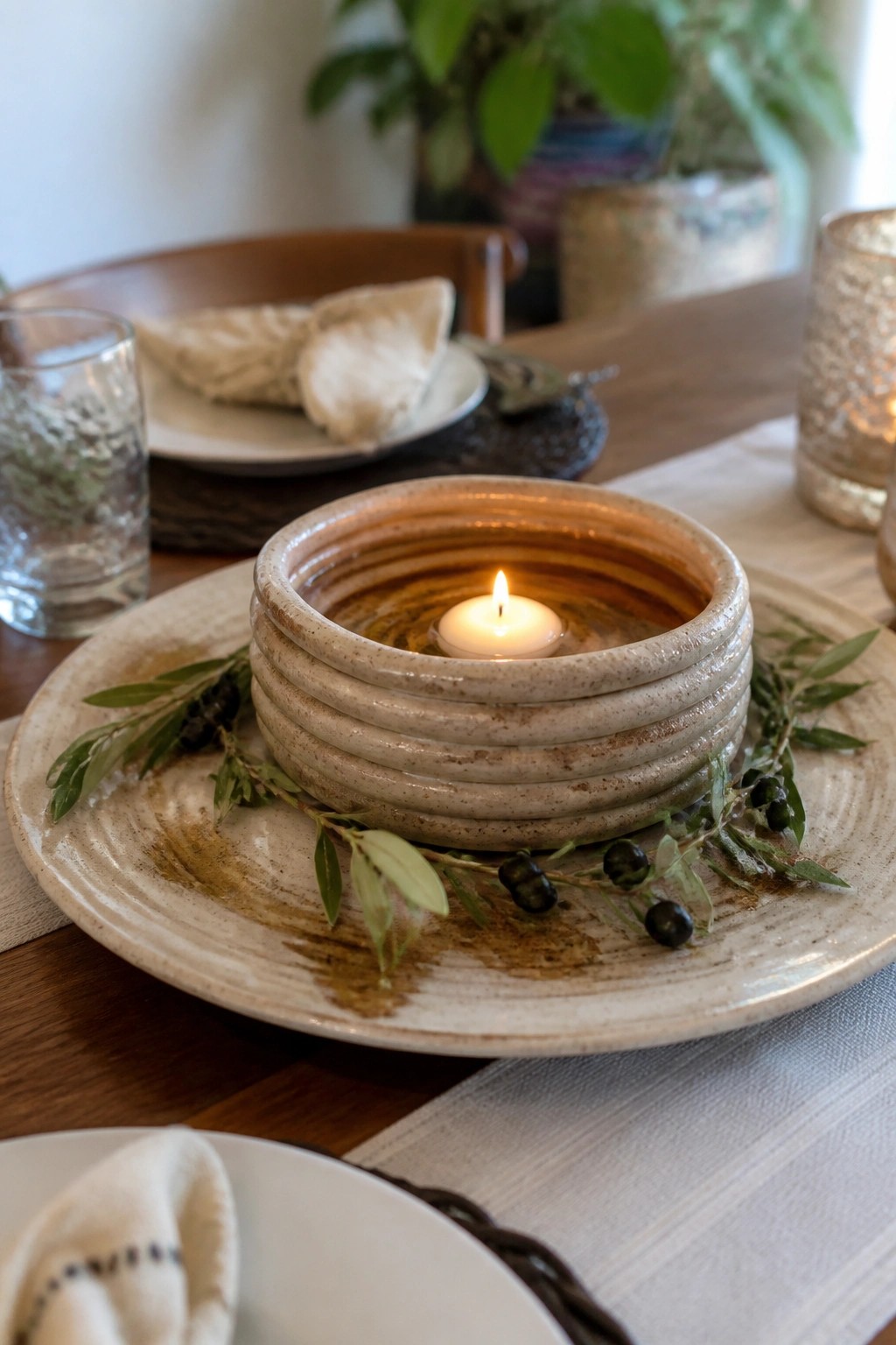 Lit candle in ridged ceramic bowl on plate with olive branches and berries