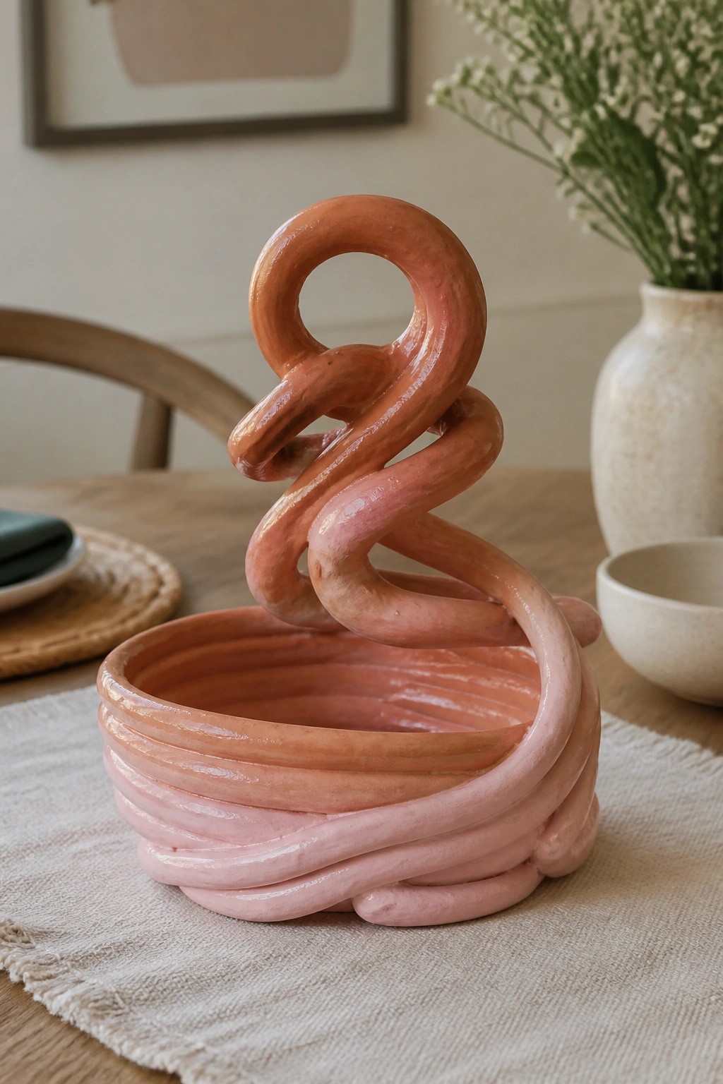 Abstract pink-orange ceramic bowl with swirling looped sculpture on wooden table