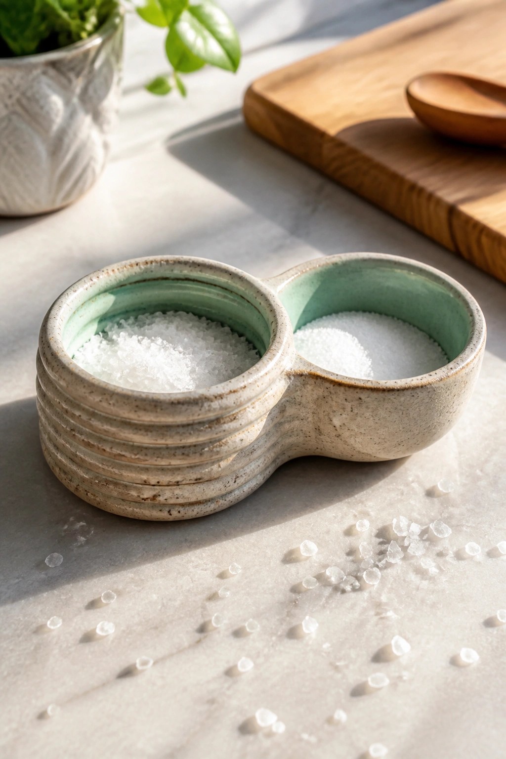 Ceramic double bowl with coarse and fine salt on marble countertop
