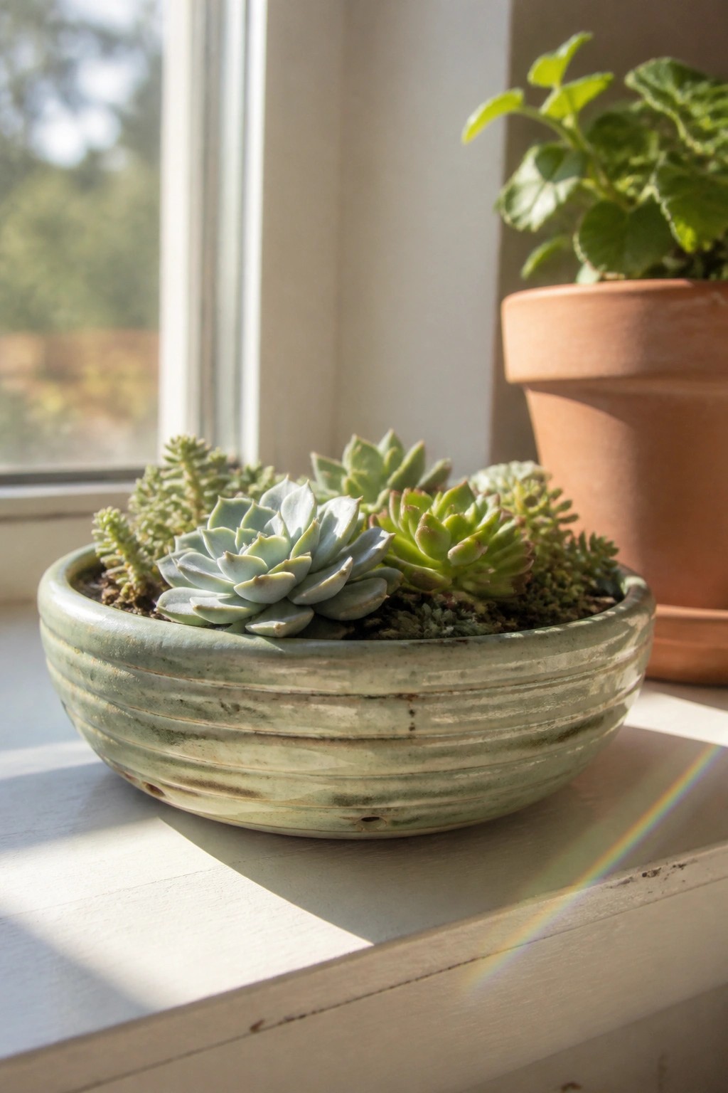 Succulents in a green ceramic pot on a sunny windowsill with rainbow light