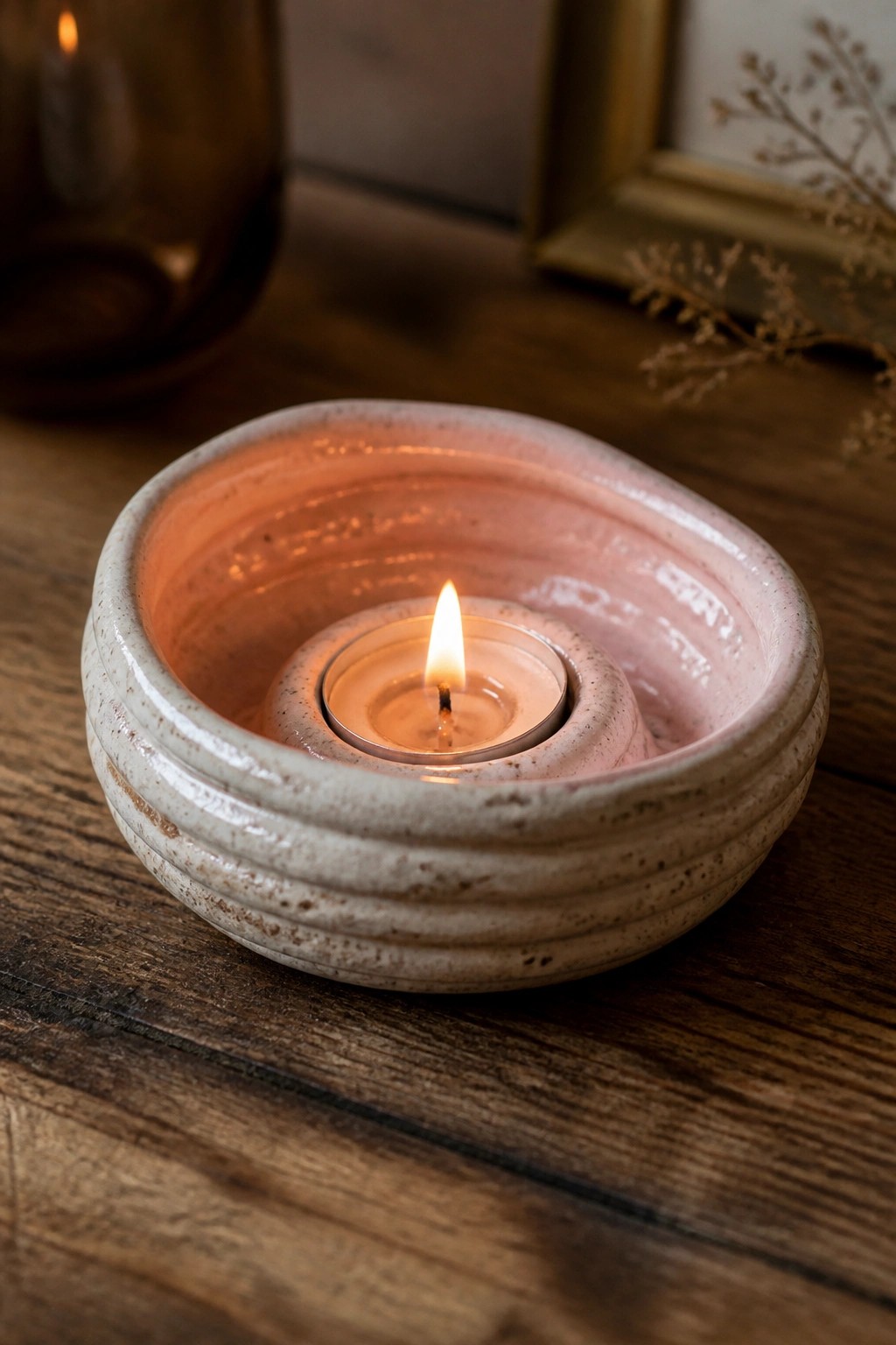 Lit candle in pink ceramic bowl on rustic wooden table.