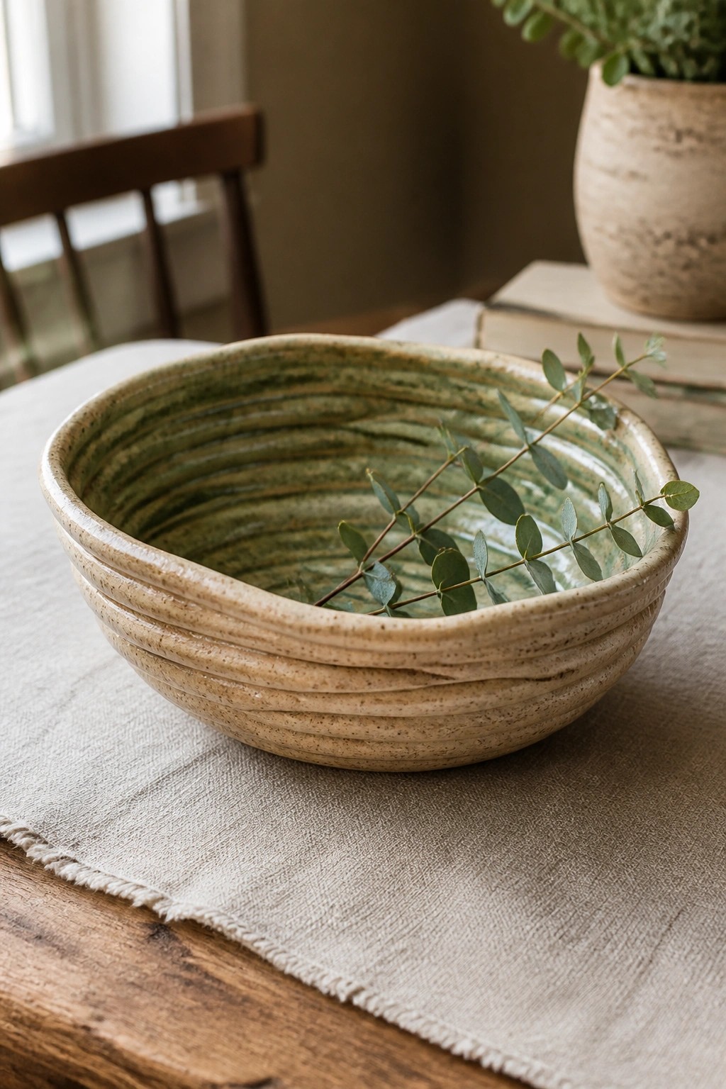 Ribbed green ceramic bowl holding eucalyptus sprig on beige linen over wood.