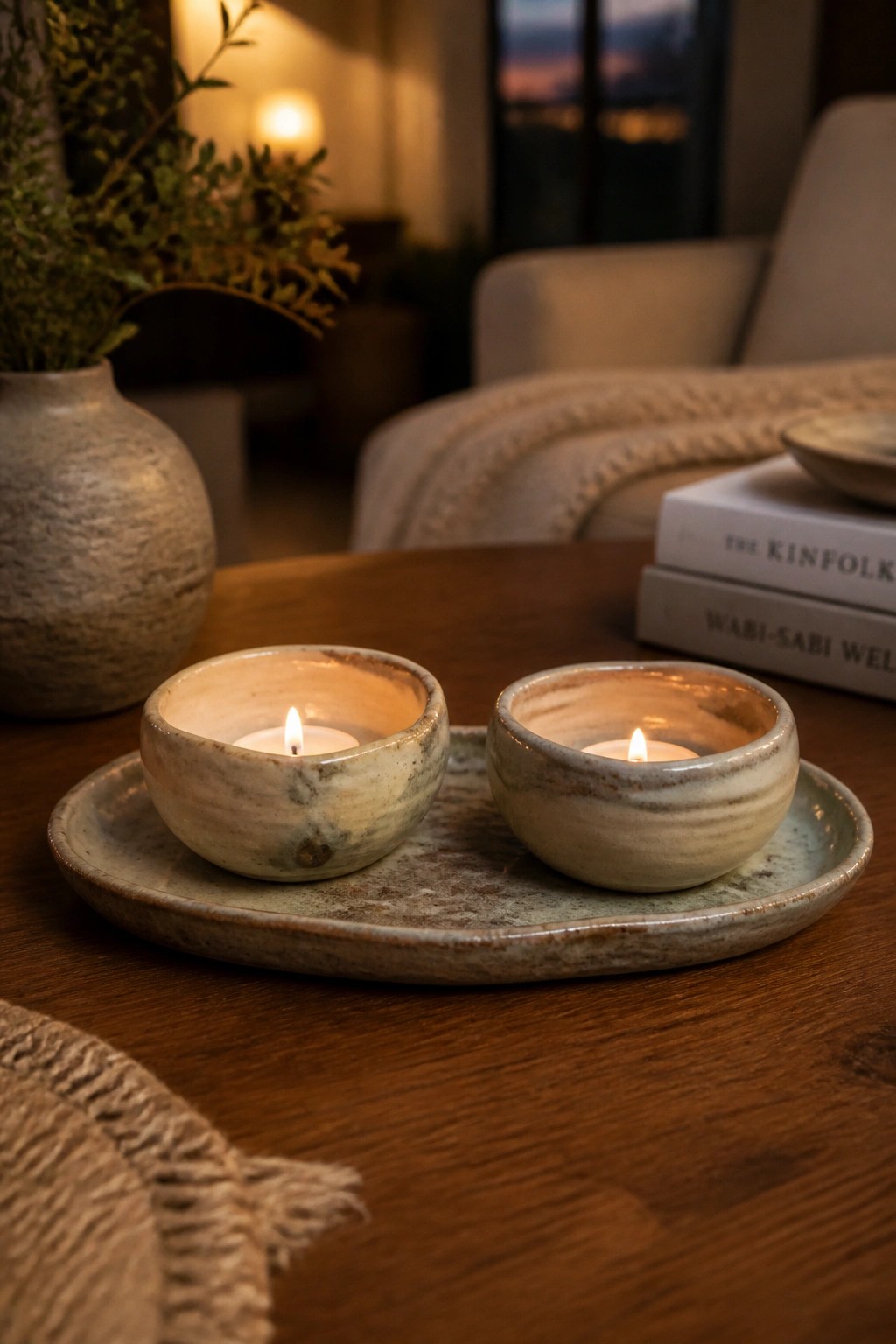 Two lit candles in ceramic bowls on tray atop wooden table with books nearby