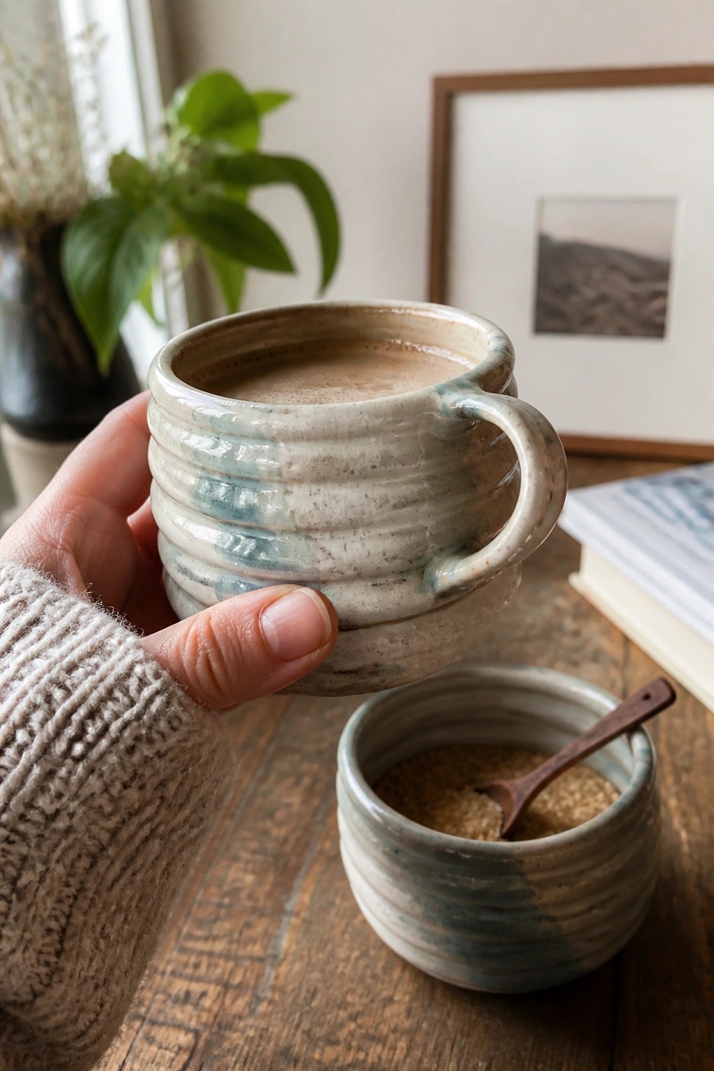 Hand in beige knit sweater holds ribbed ceramic mug above sugar bowl on table