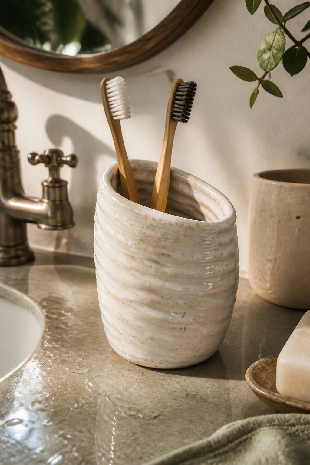 Two bamboo toothbrushes in a white ribbed ceramic holder on marble counter