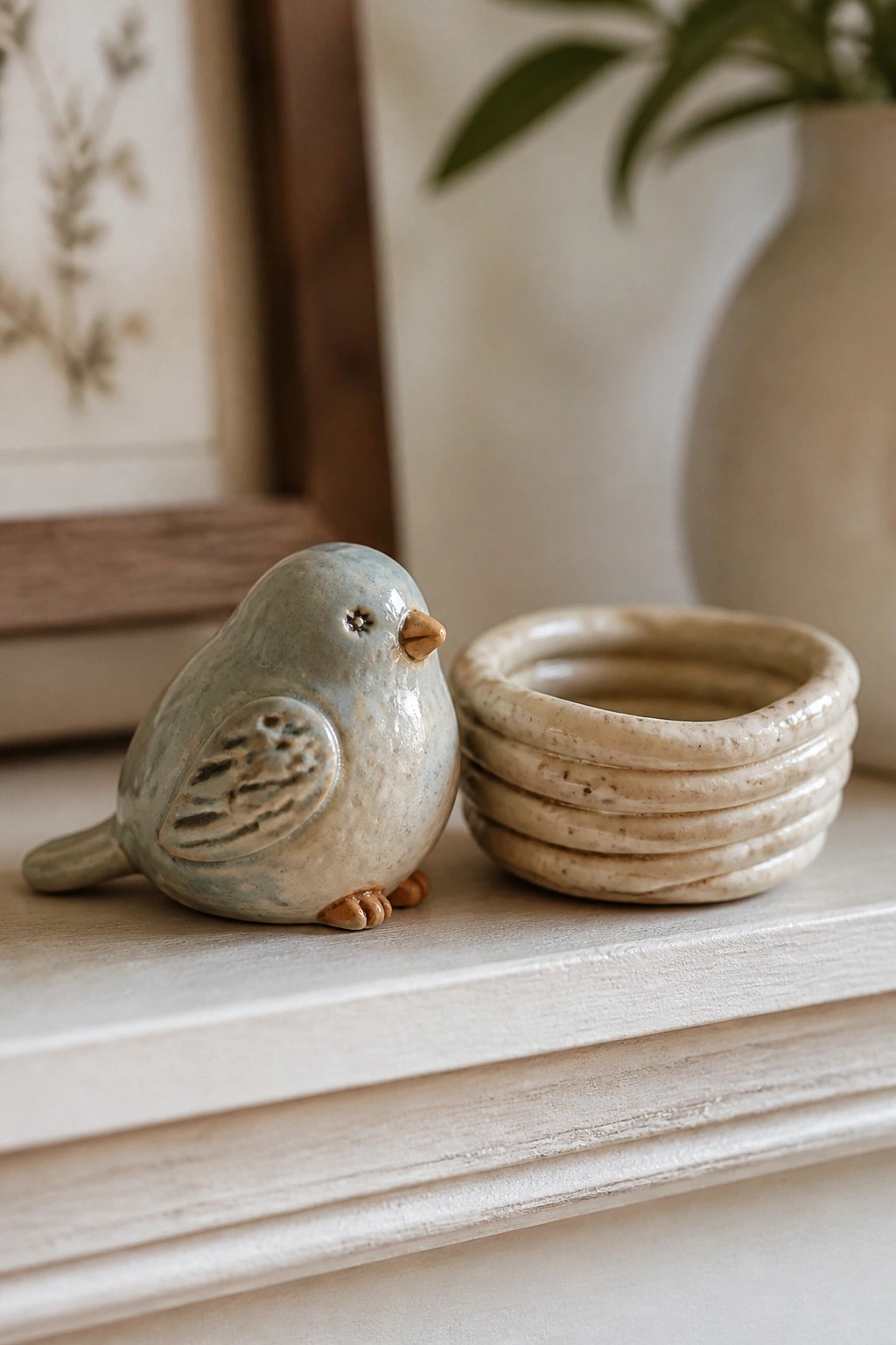 Ceramic blue-green bird figurine beside a beige stacked ring dish on white wood