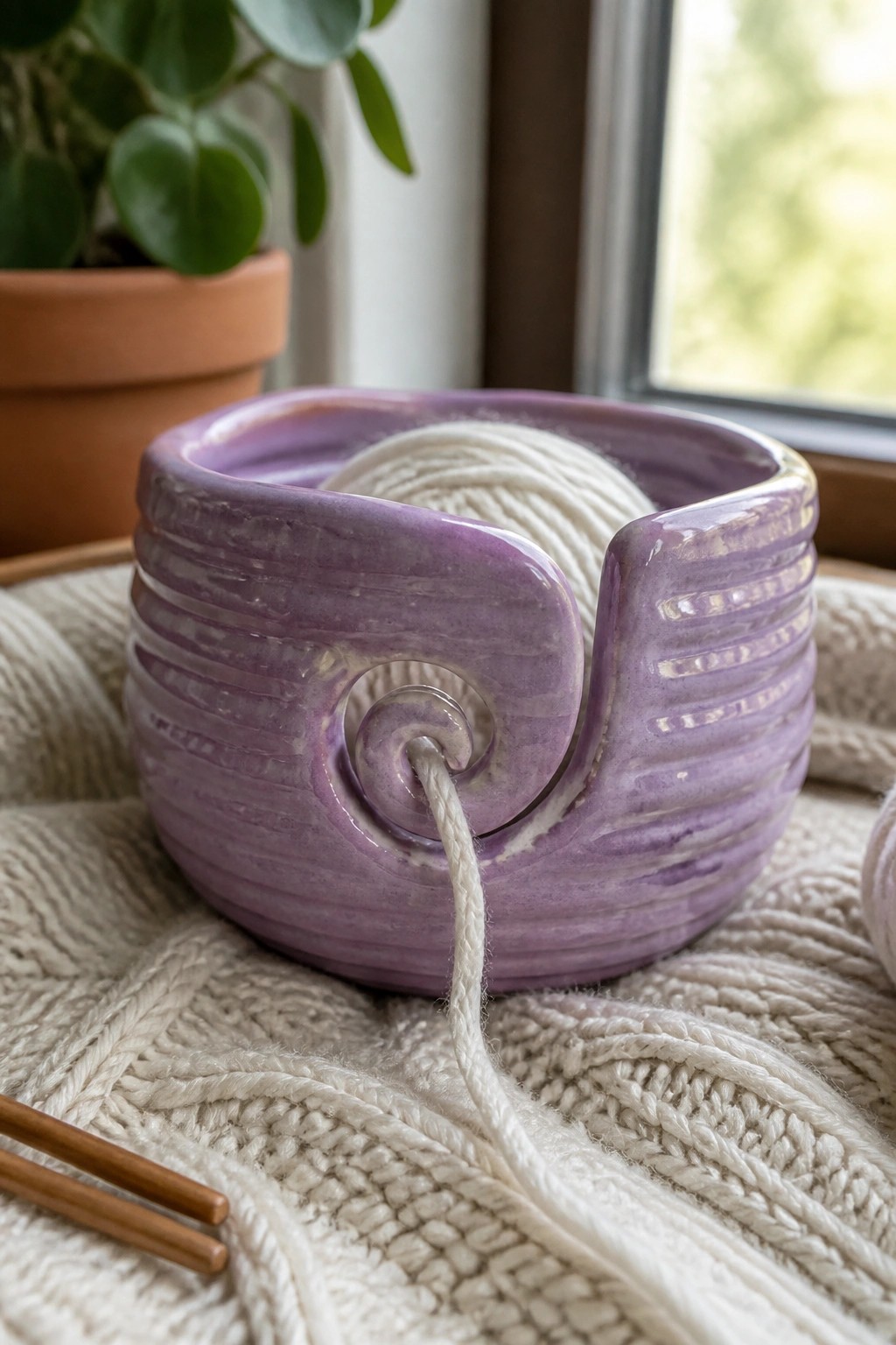 Purple ceramic yarn bowl with white yarn on knitted blanket beside needles