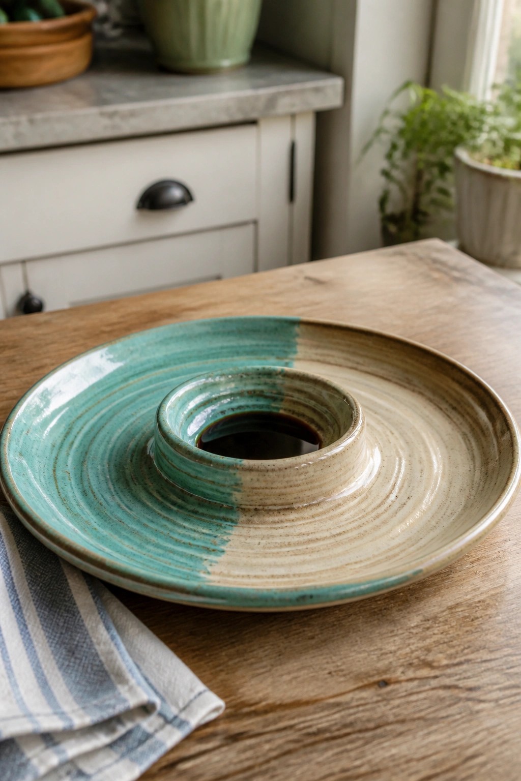 Turquoise and beige ceramic serving platter with central bowl of dark liquid on wood table