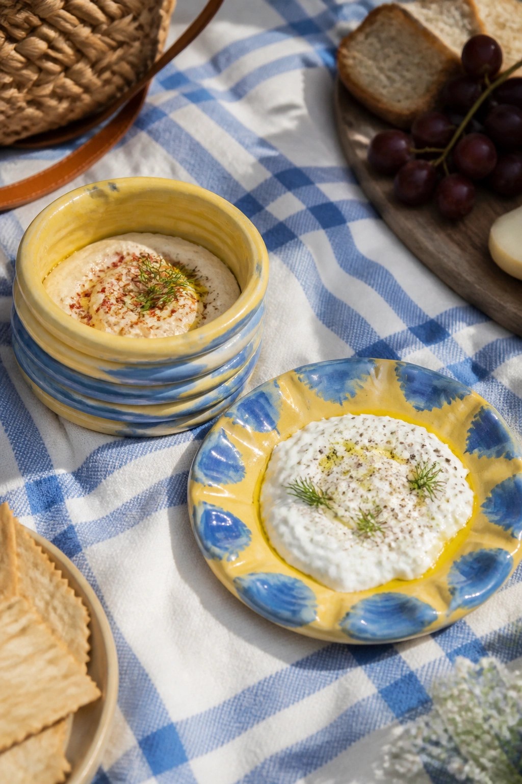 Yellow and blue bowls of dips on checkered picnic cloth with bread and grapes.