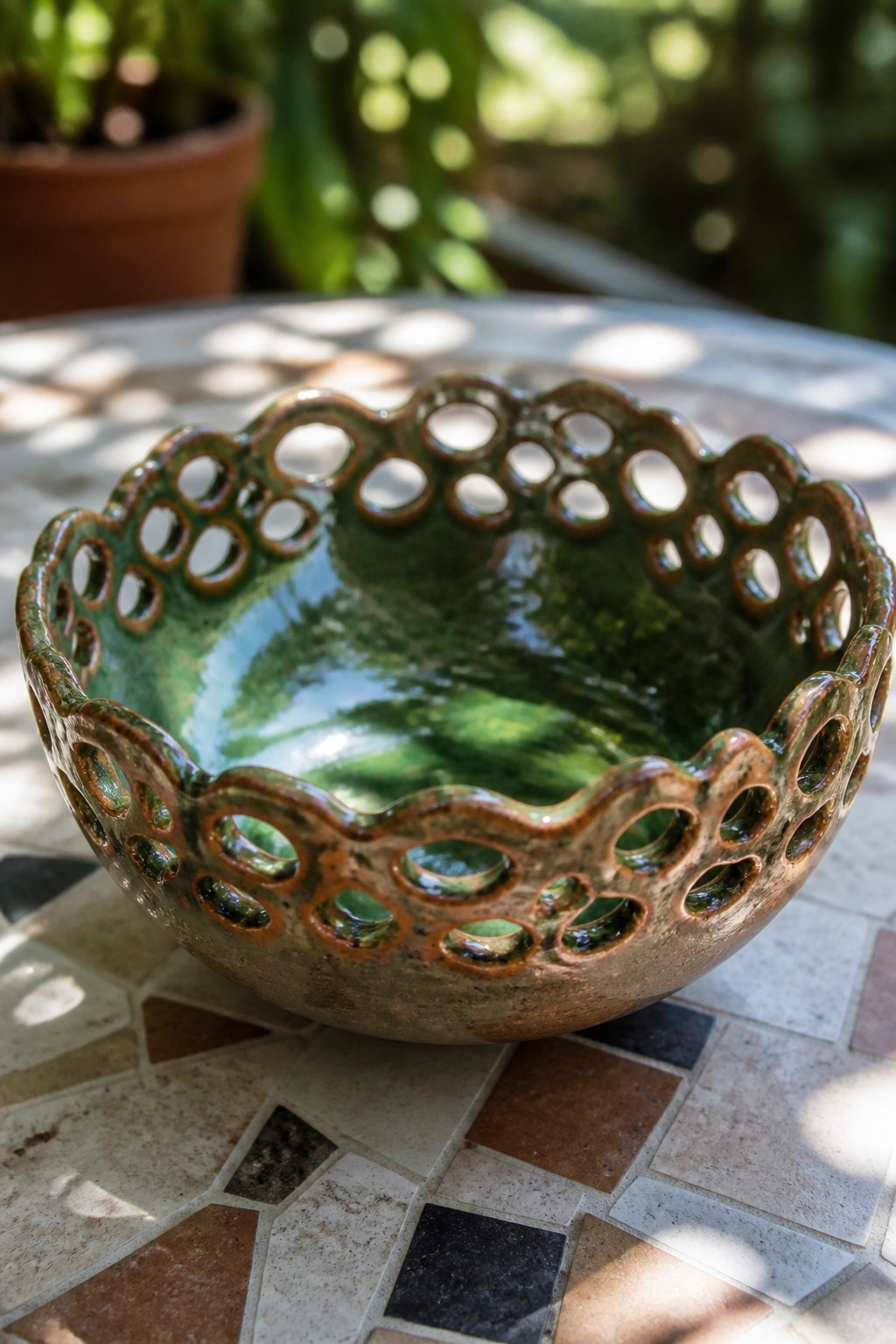 Green ceramic bowl with perforated scalloped rim on sunlit mosaic table