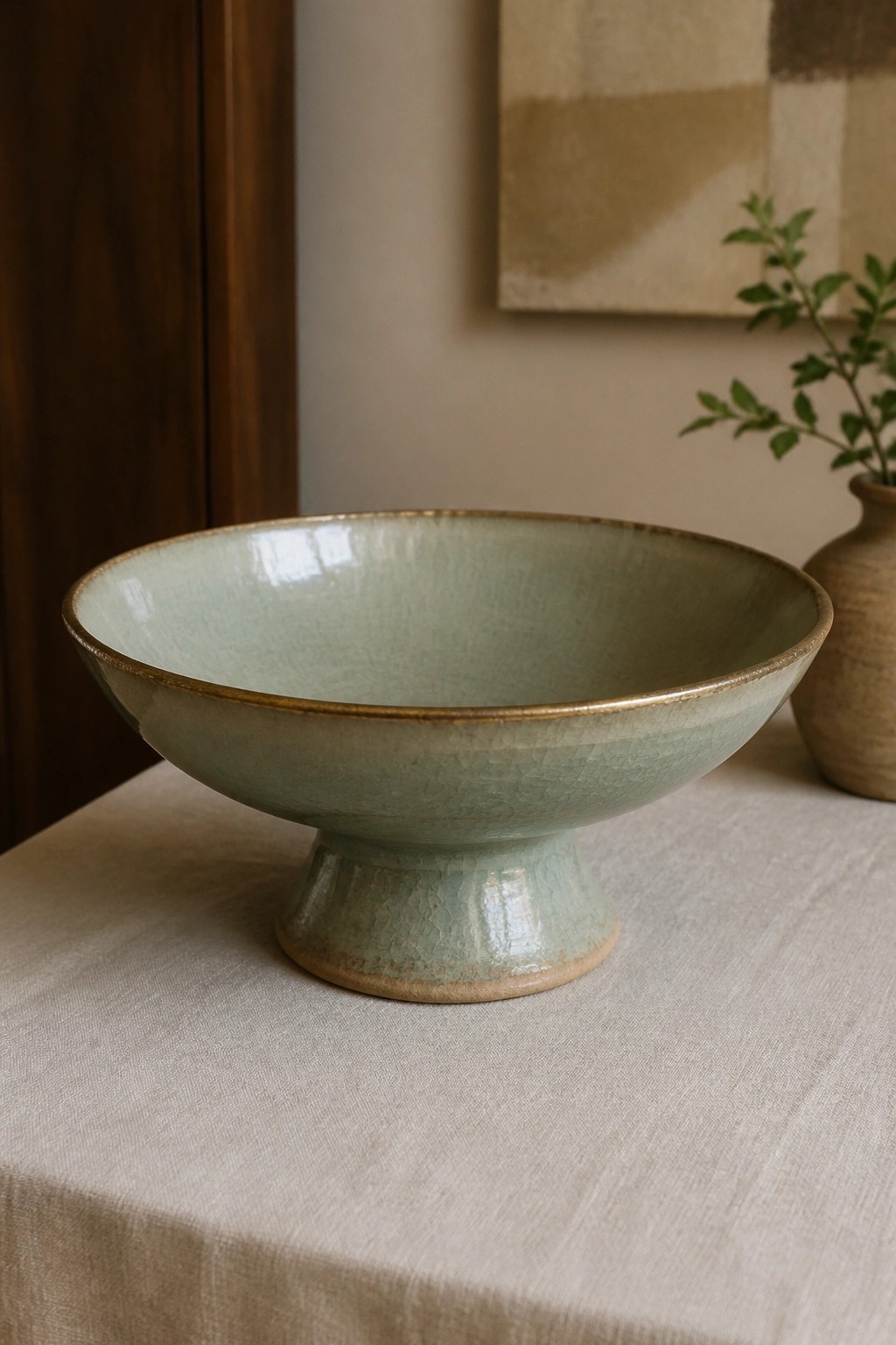 Light green crackled ceramic pedestal bowl with brown rim on linen cloth