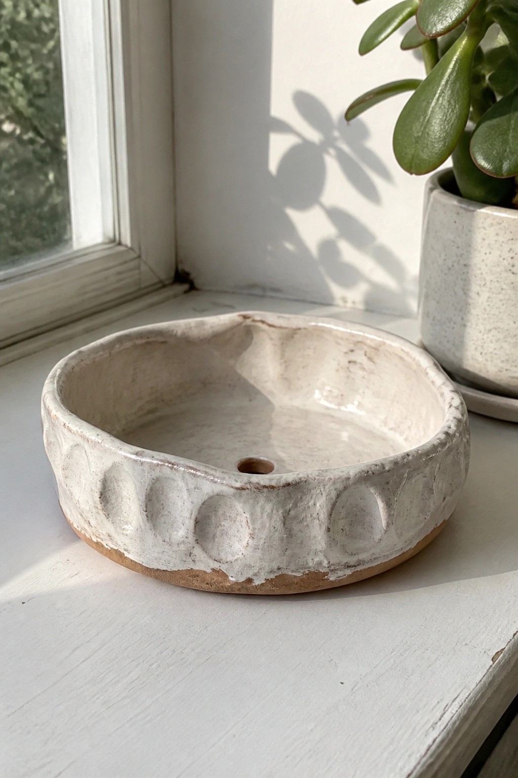 White ceramic bowl with scalloped rim on sunny windowsill beside potted plant