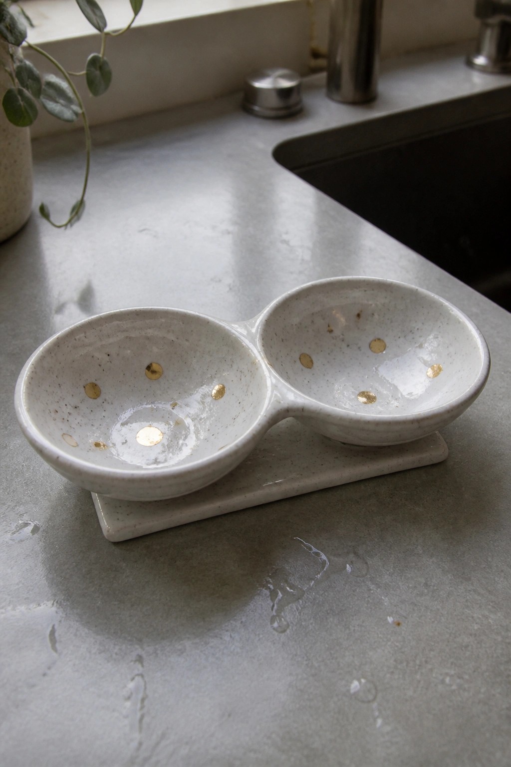 White speckled double ceramic bowl with gold dots on rectangular tray near sink