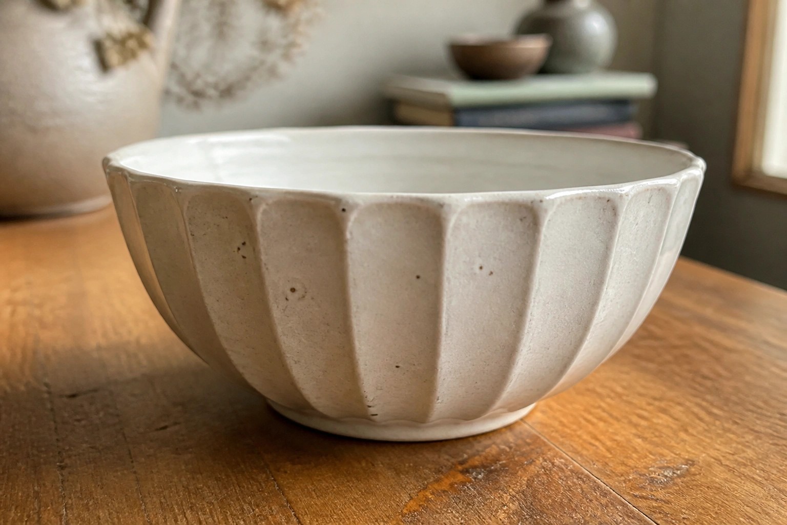 Cream-colored fluted ceramic bowl on a rustic wooden table indoors