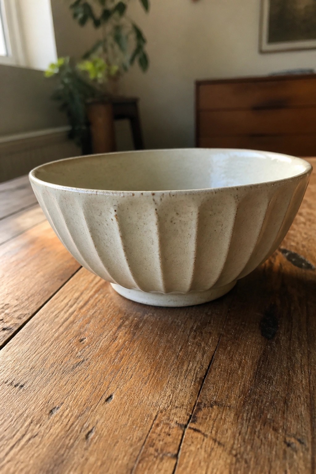 Cream-colored fluted ceramic bowl on a rustic wooden table indoors