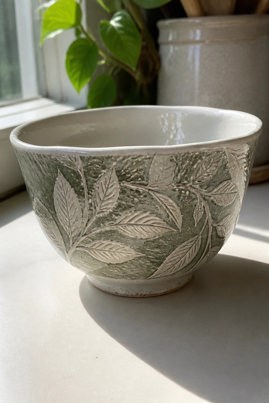 Ceramic bowl with embossed leaf patterns on a sunlit windowsill