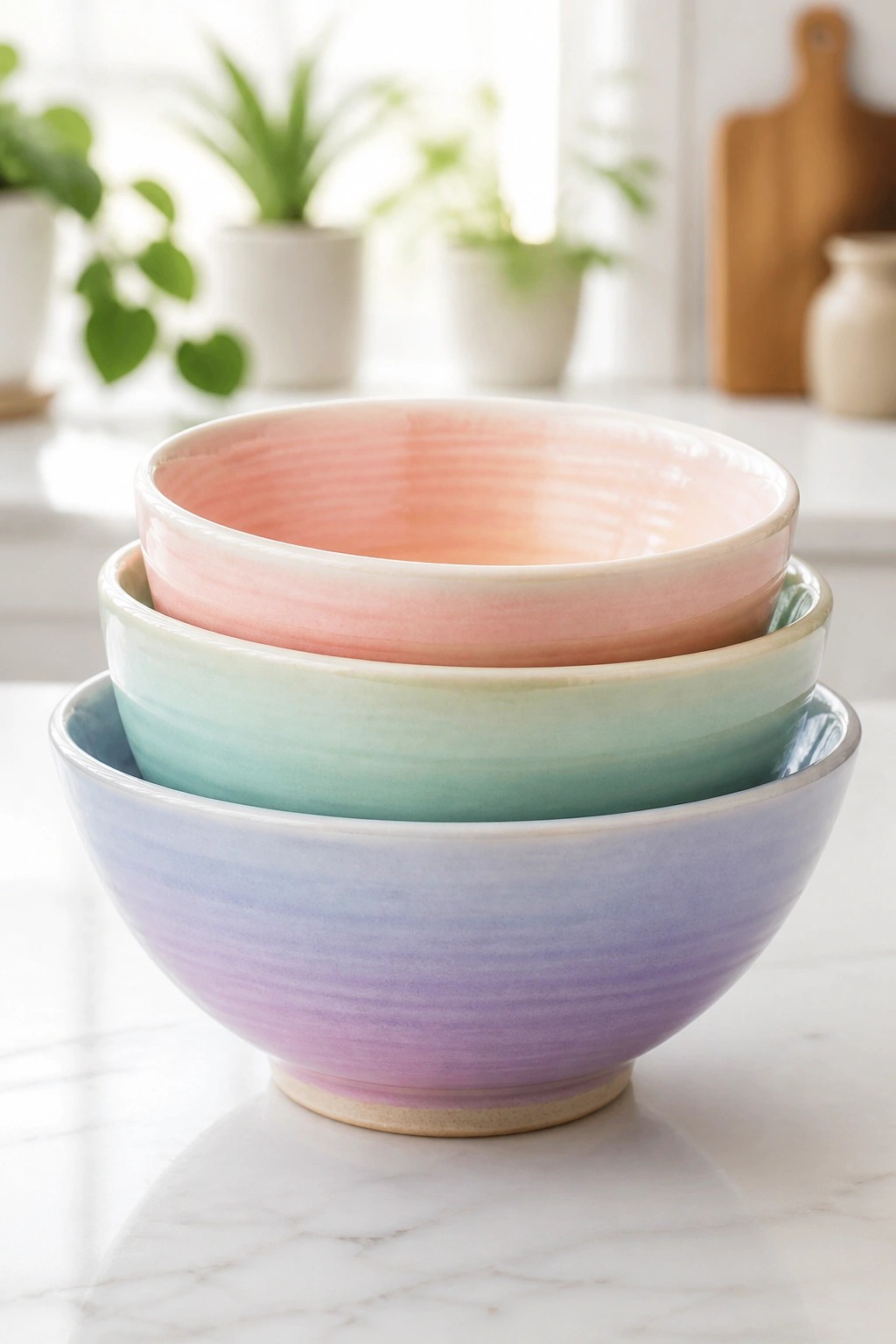 Three stacked pastel ceramic bowls in pink, mint, and purple on marble.