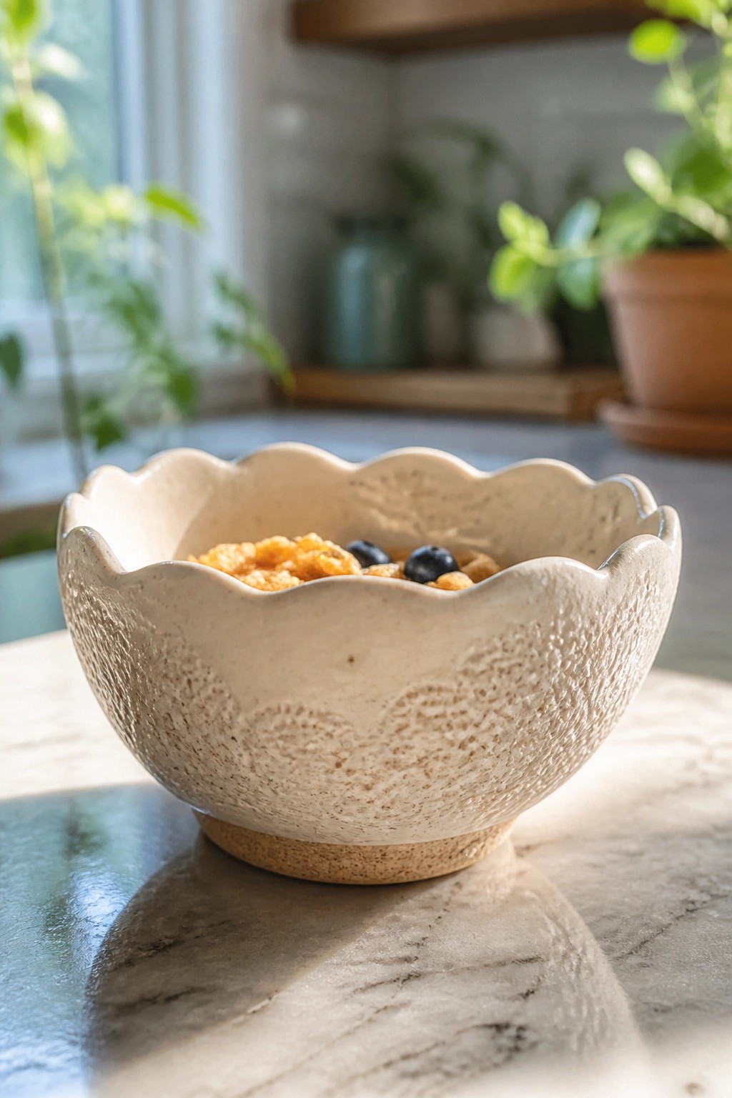 Textured ceramic bowl with scalloped rim holding cereal flakes and blueberries on marble.