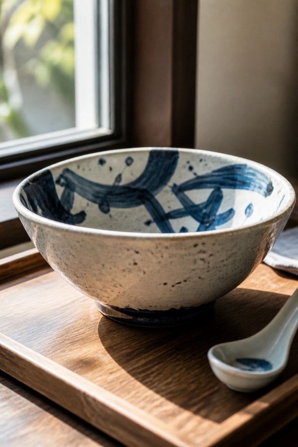 Ceramic bowl with blue brushstrokes on wooden tray beside a small spoon