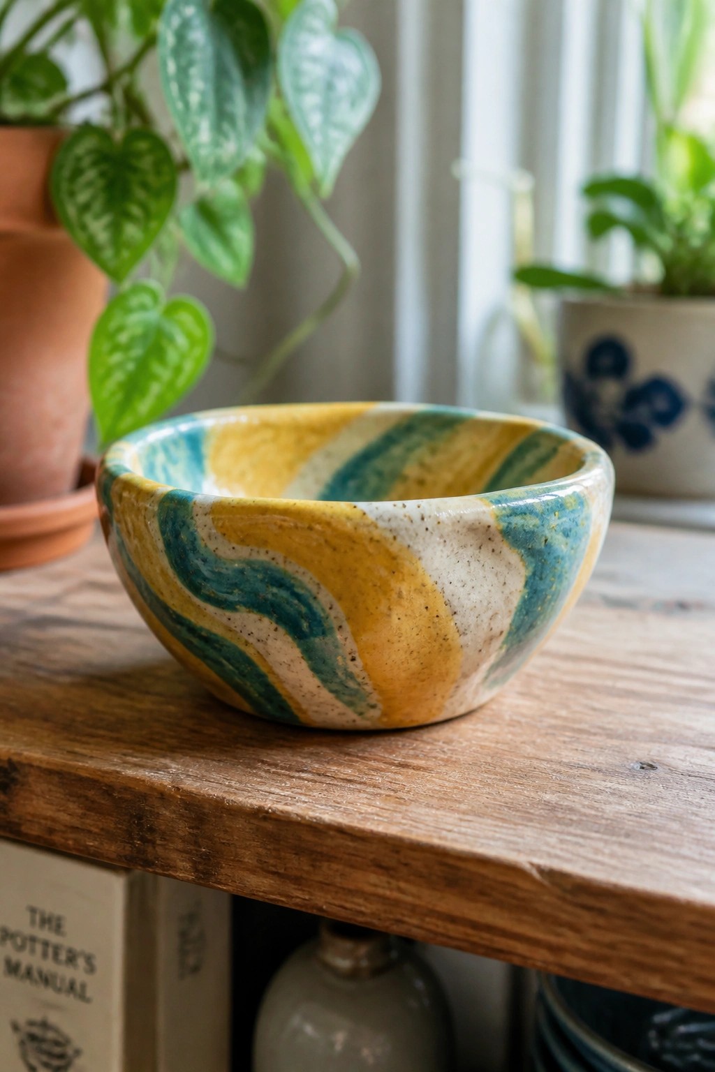 Marbled yellow teal and white ceramic bowl on rustic wooden shelf with plants