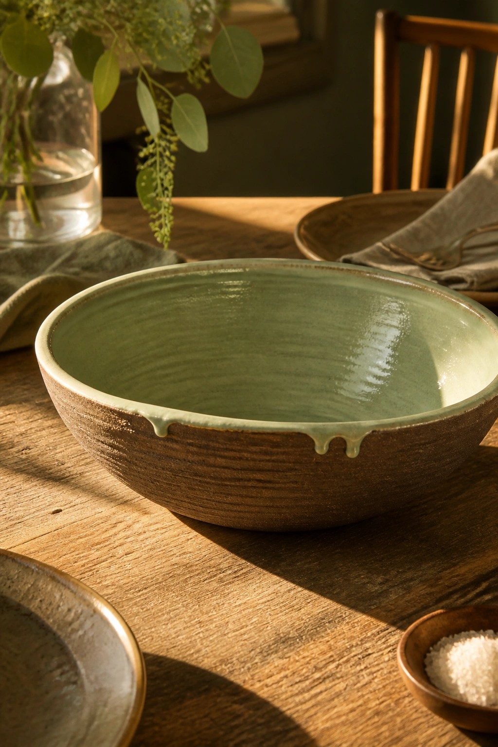 Green ceramic bowl on sunlit wooden table with eucalyptus and rustic plates