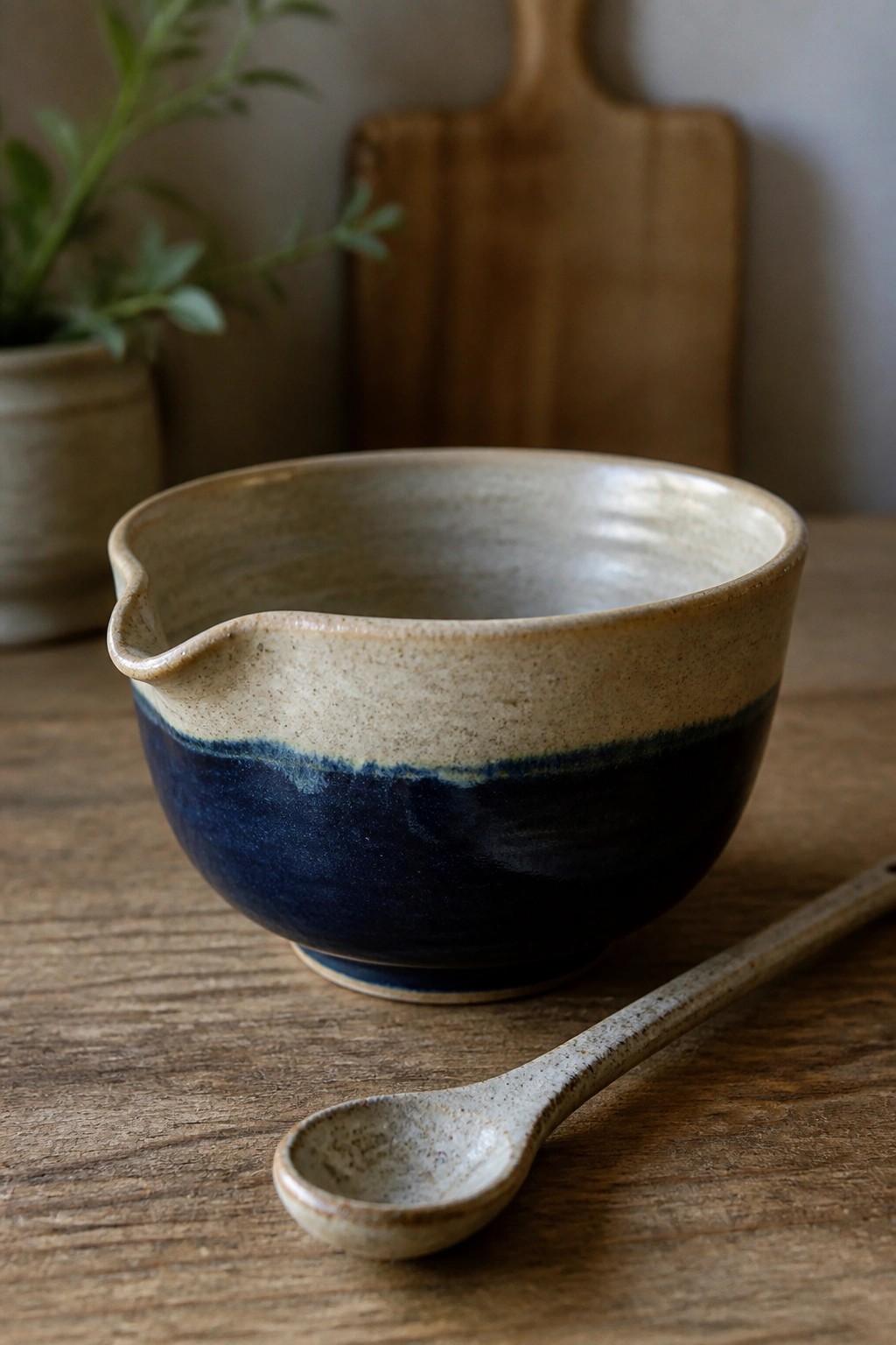 Dark blue and beige ceramic bowl with spout beside spoon on wooden table