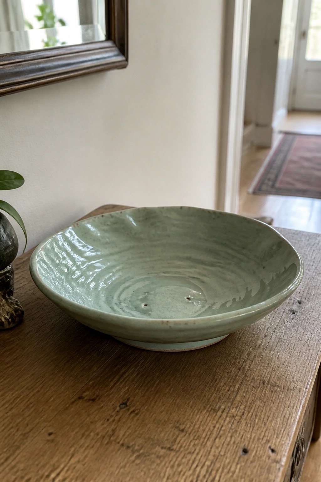 Light green ceramic bowl with swirling glaze on rustic wooden table.