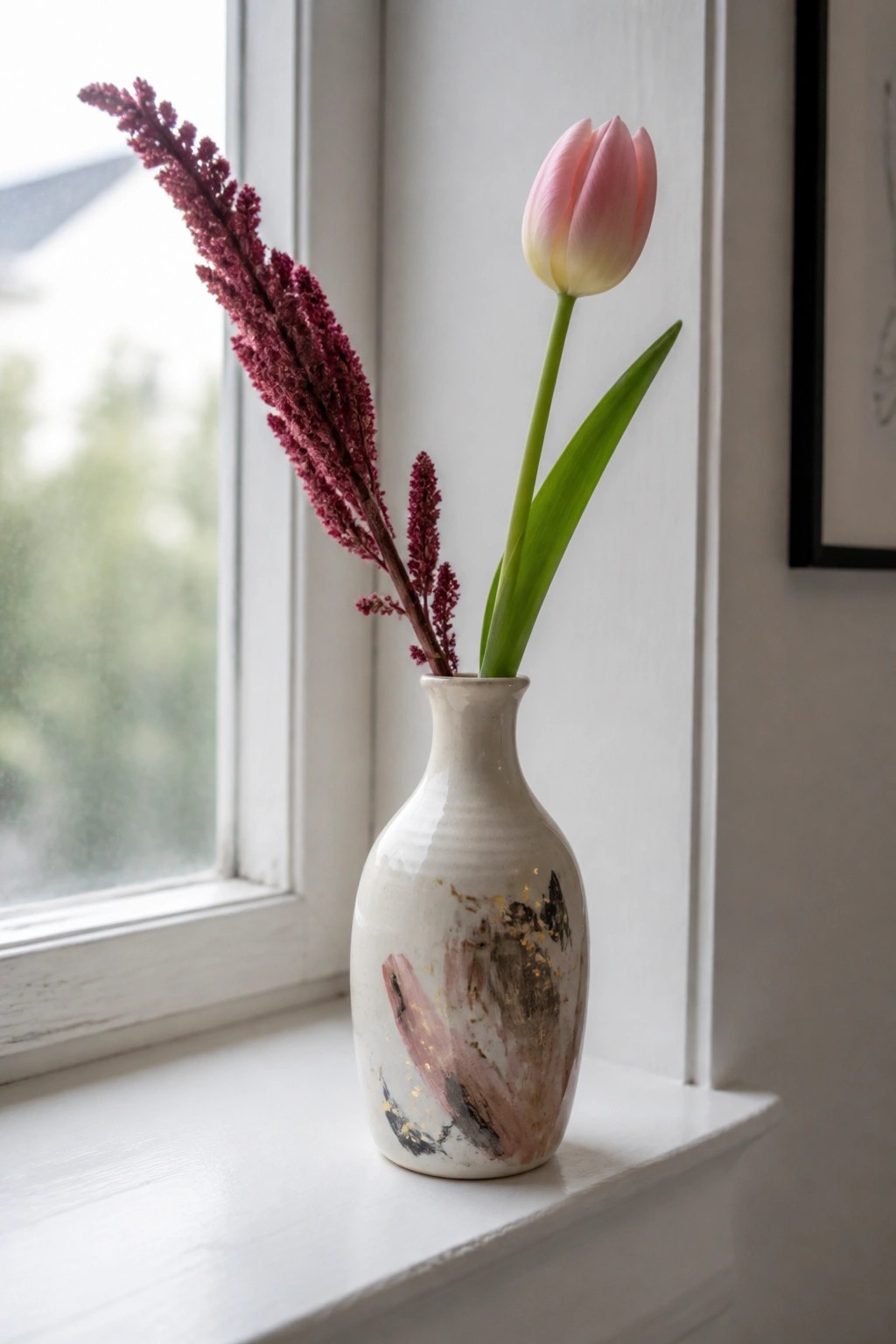 Pink tulip and dried magenta flowers in a white vase with pink and gold accents on a windowsill.
