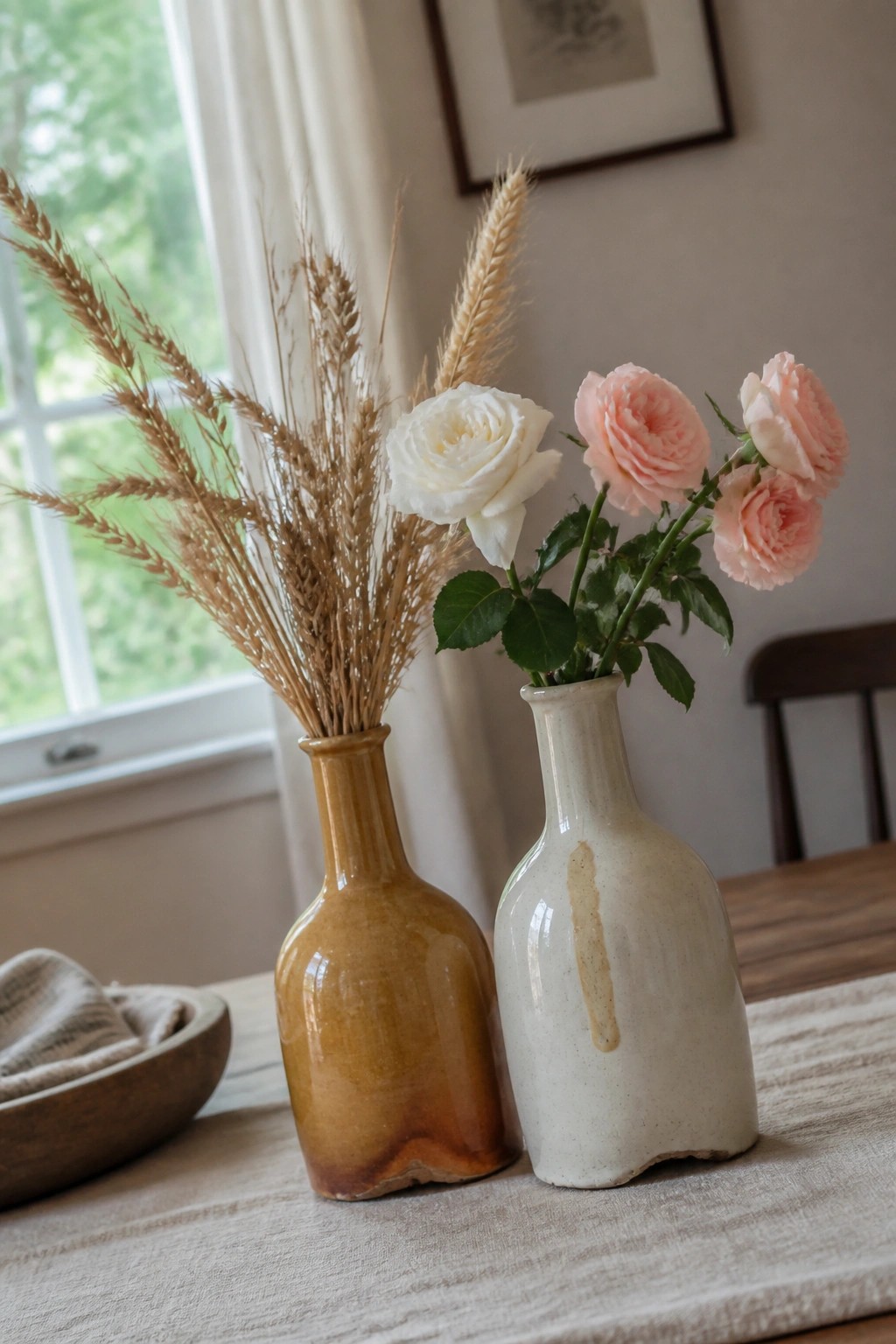 Two ceramic vases on a table, one with dried wheat and one with pink roses.