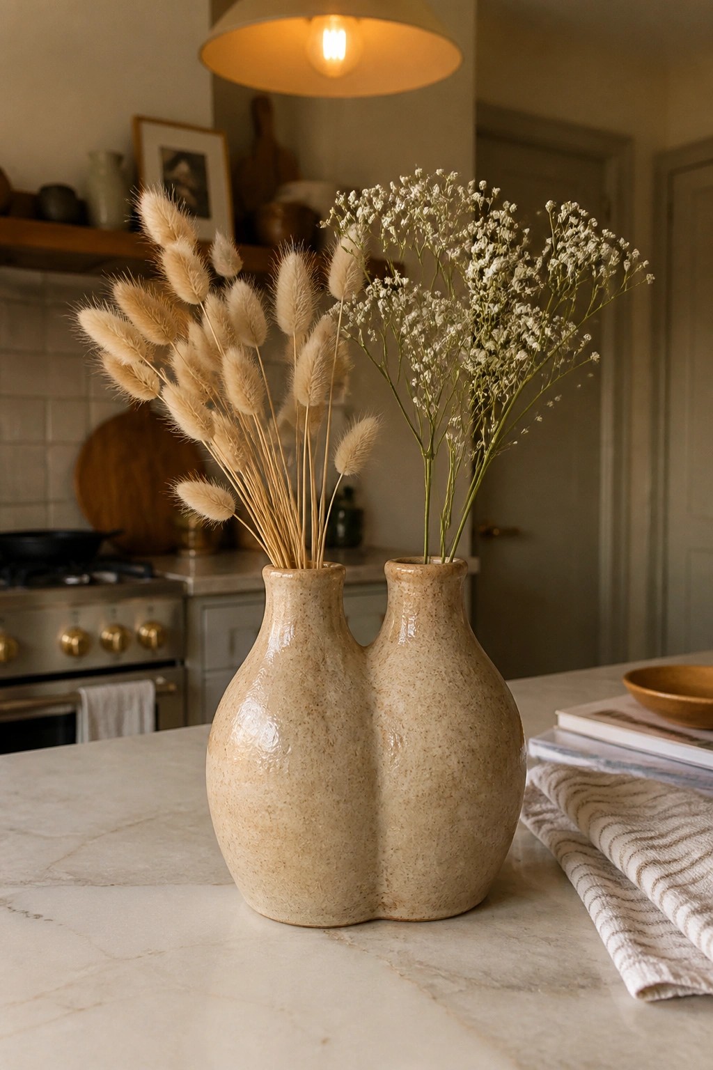 Beige speckled double-neck vase with dried bunny tails and baby's breath on marble counter