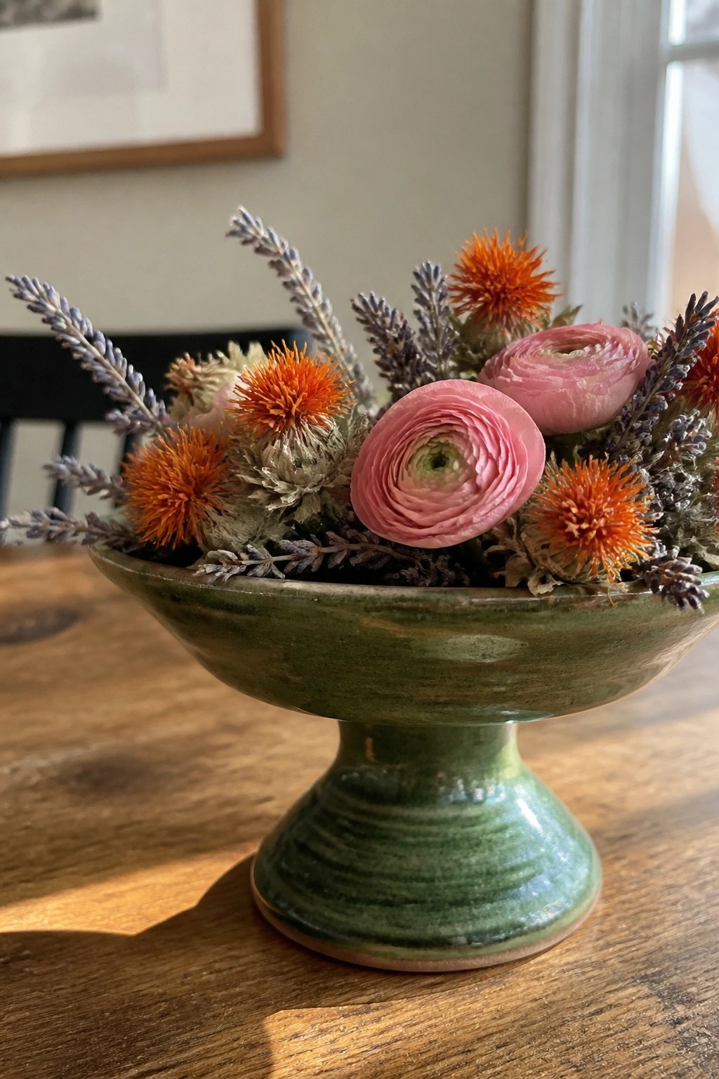 A green ceramic pedestal bowl holds pink ranunculus, orange thistles, and lavender on a wooden table.