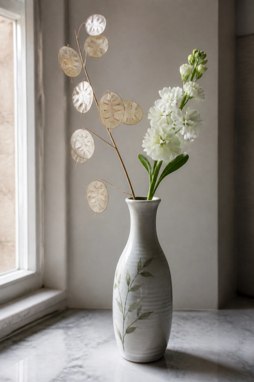 White vase with leaf design holding white flowers and dried seed pods on marble