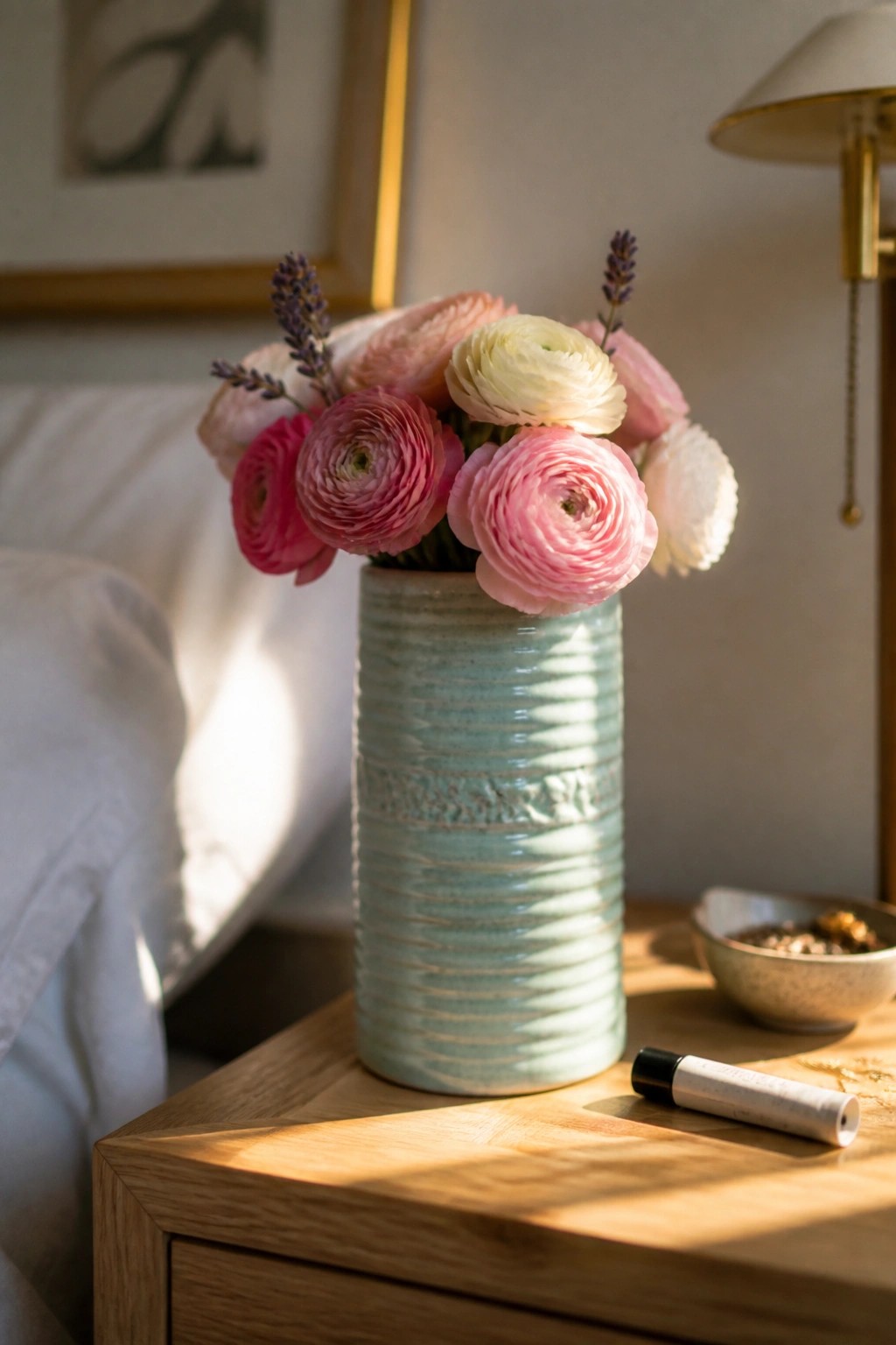 Pink ranunculus and lavender in ribbed mint vase on sunny wooden nightstand
