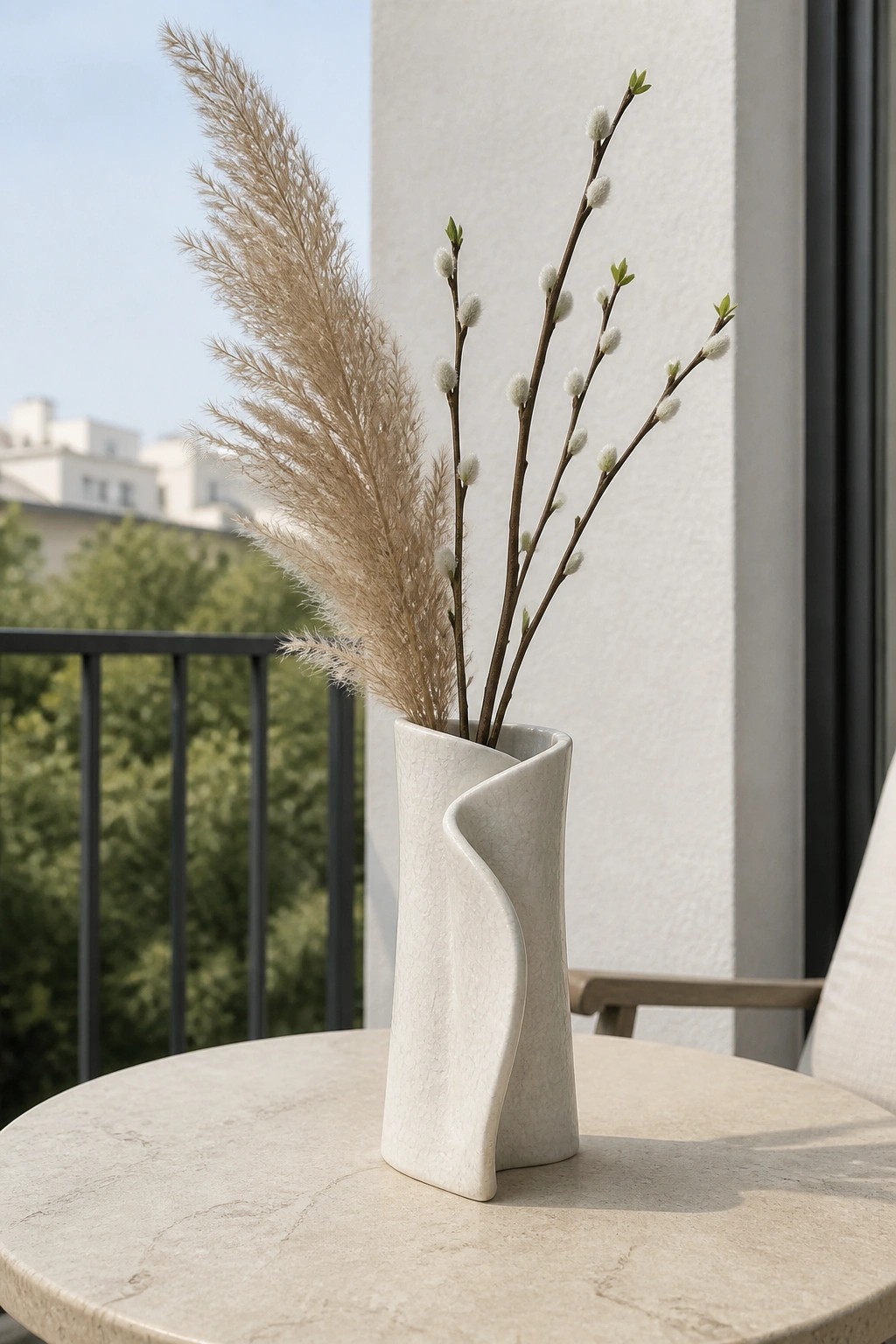 Twisted white vase with pampas grass and budding branches on marble table