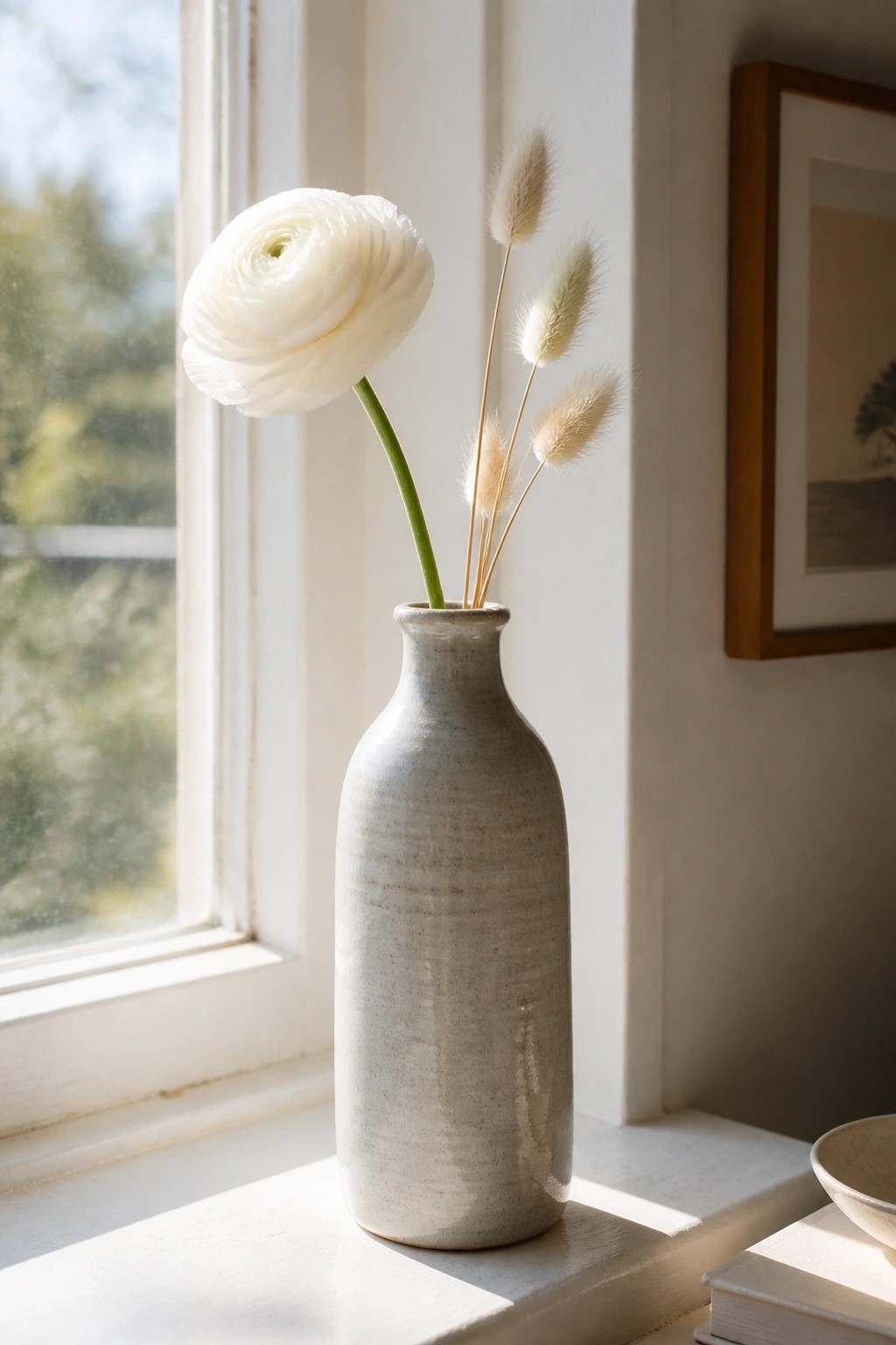 White ranunculus and dried grasses in a speckled vase on a sunny windowsill