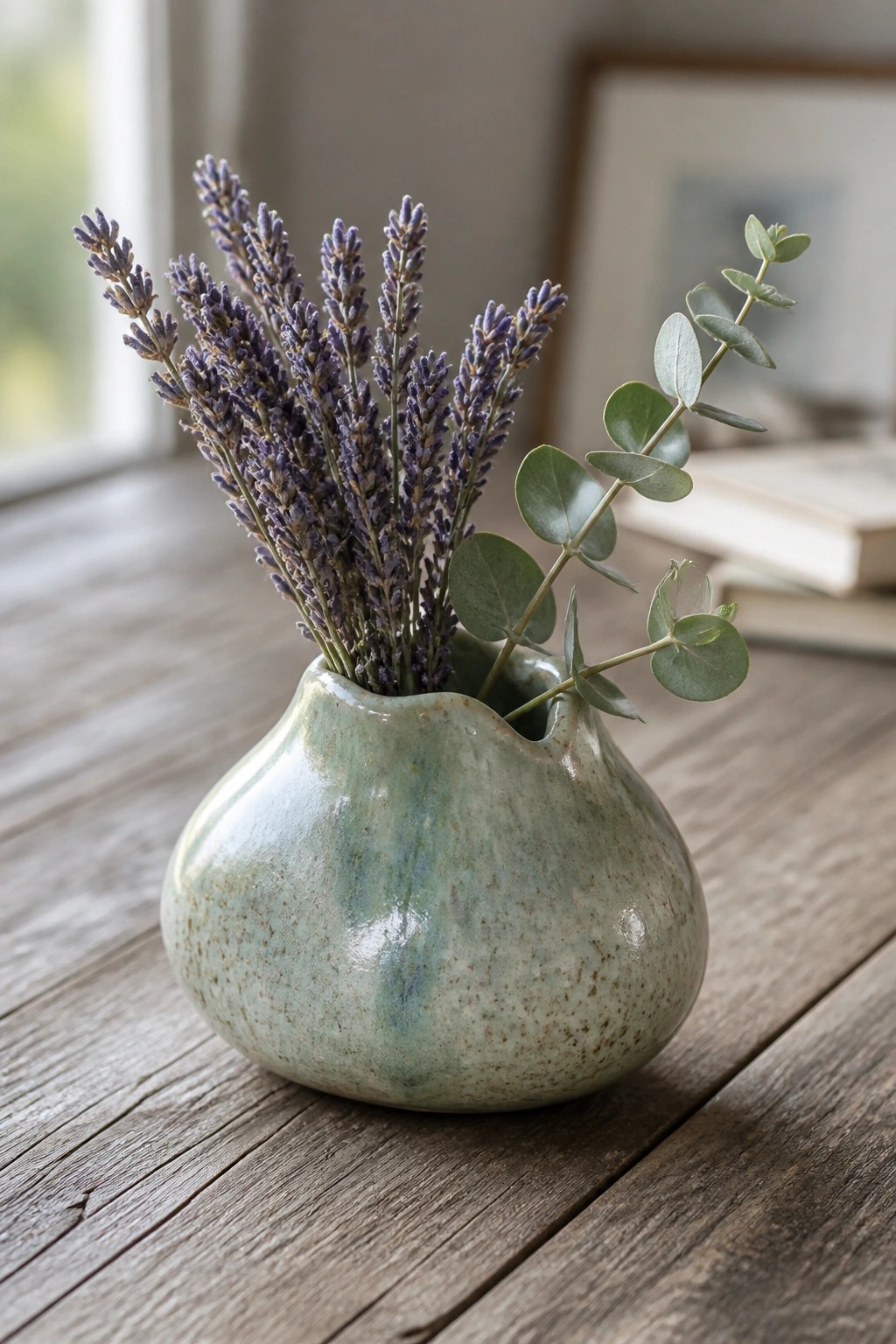 Speckled green ceramic vase with lavender and eucalyptus on wooden table
