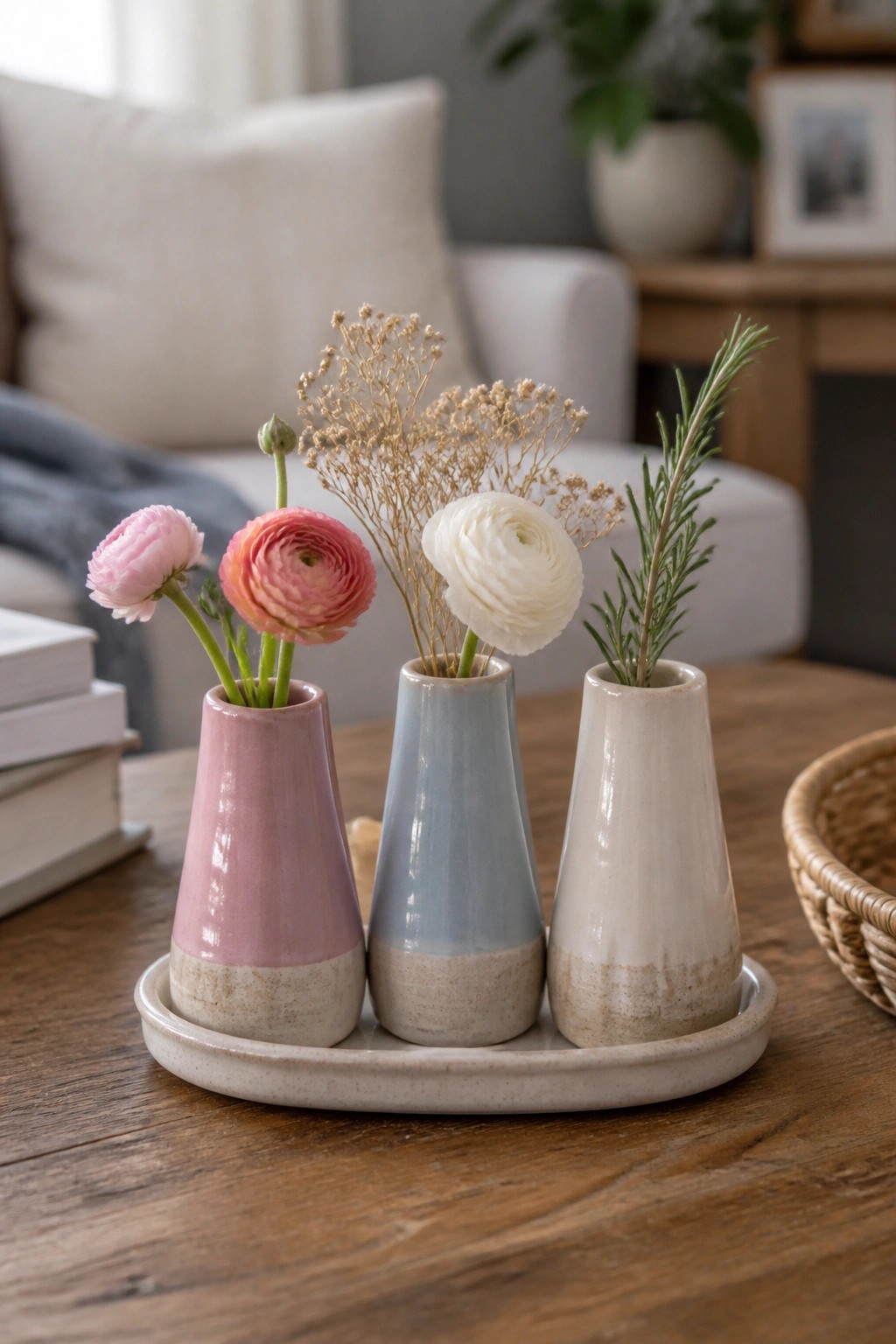 Three ceramic vases in pink, blue, and cream holding flowers on a tray.