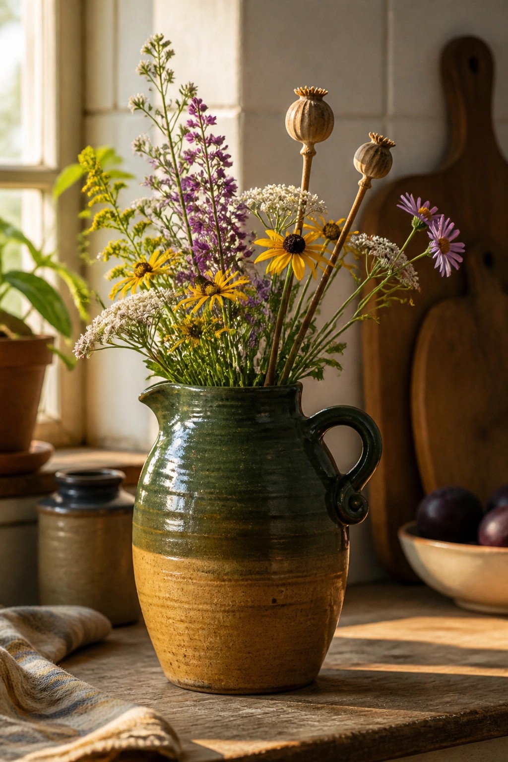 Rustic green ceramic pitcher brimming with yellow and purple wildflowers on wooden table