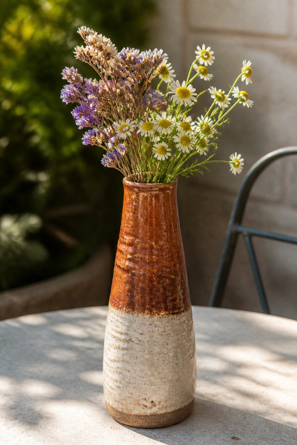 Two-toned ceramic vase with purple dried flowers and white daisies on table