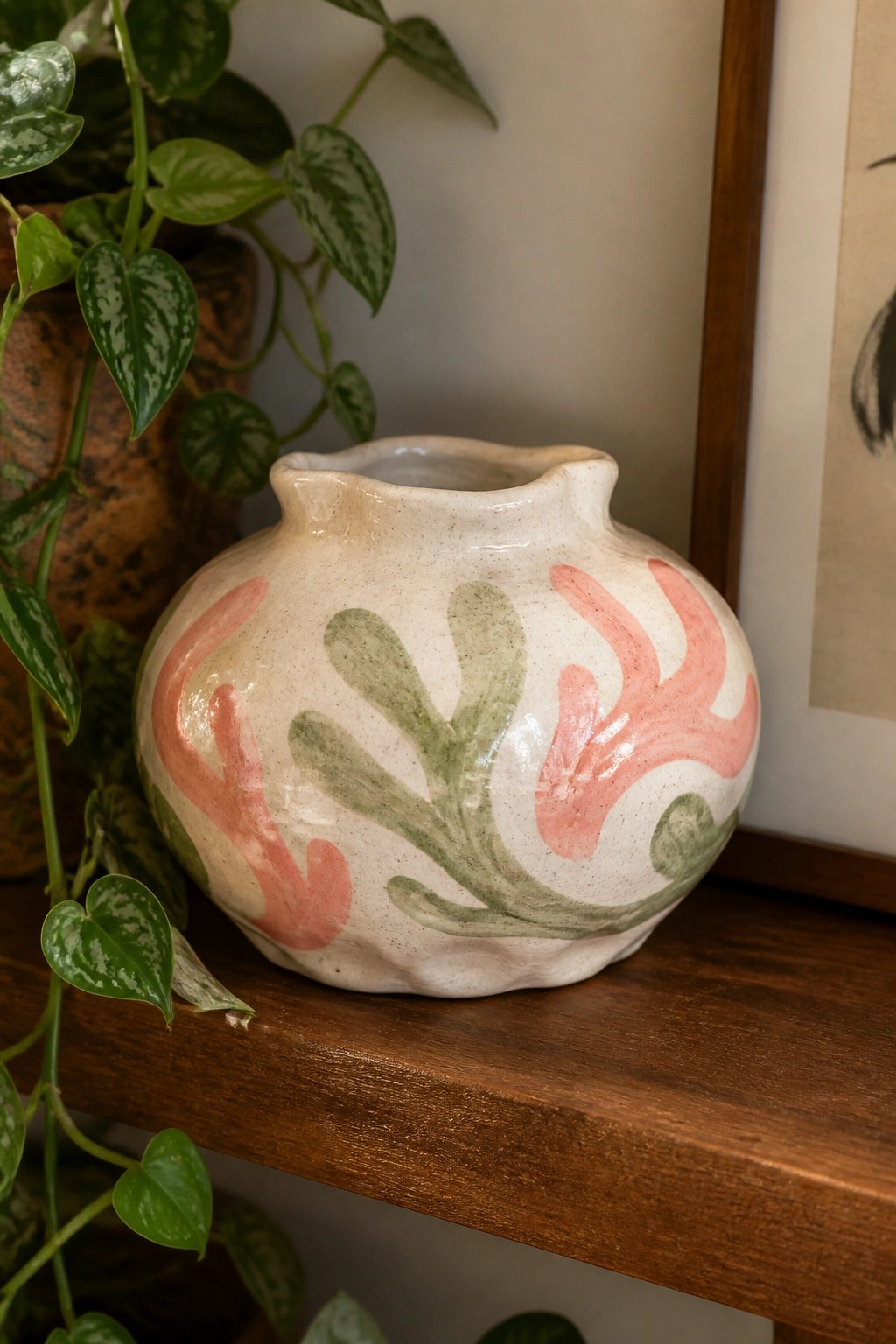 Round ceramic vase with pink and green abstract painted designs on a wooden shelf next to houseplants.
