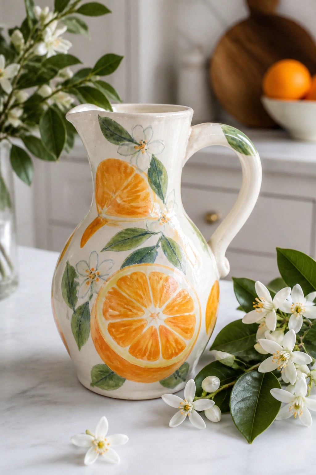 White ceramic pitcher with orange slices and floral designs on marble counter