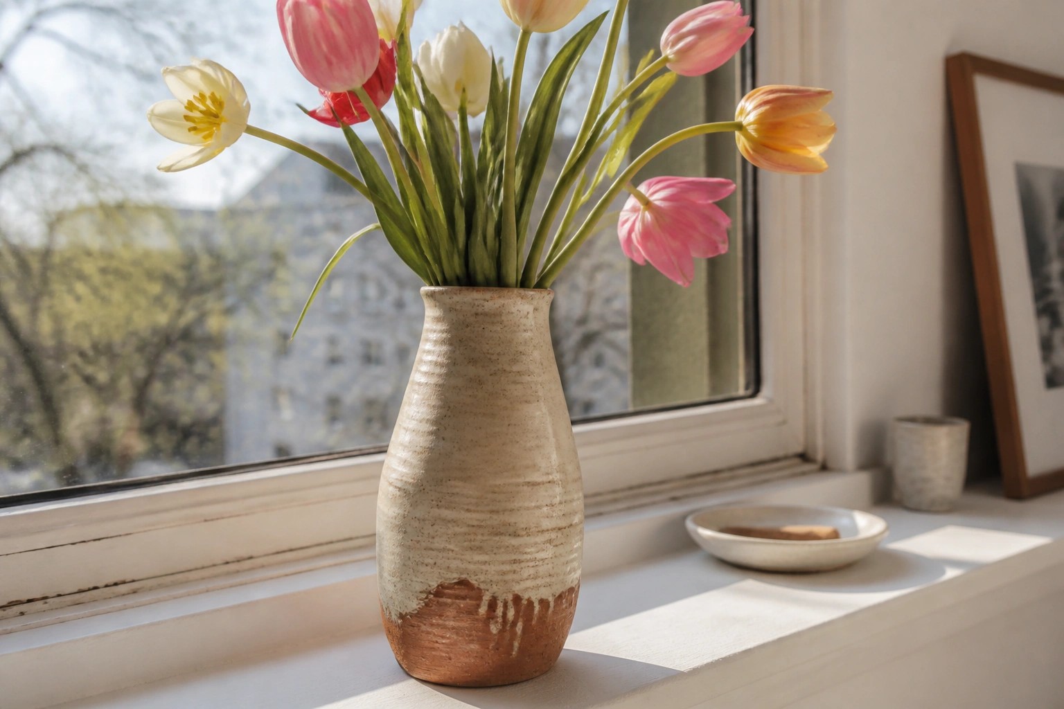 Beige ceramic vase with orange, yellow, and pink tulips on windowsill