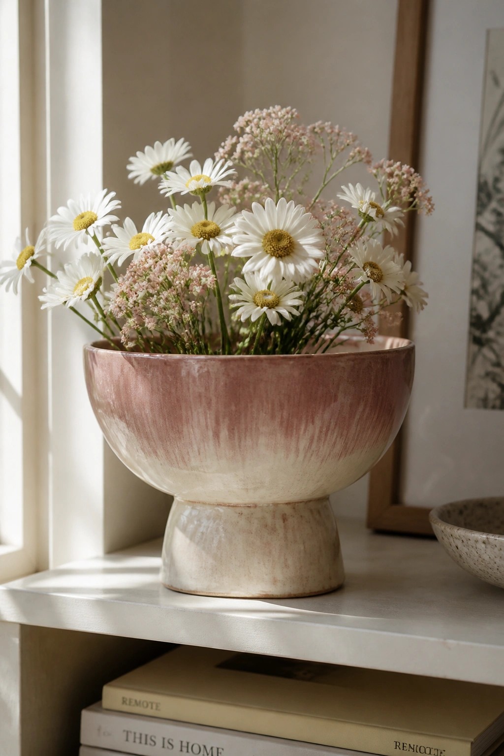 Pink and white ceramic bowl of daisies and pink flowers on stacked books.